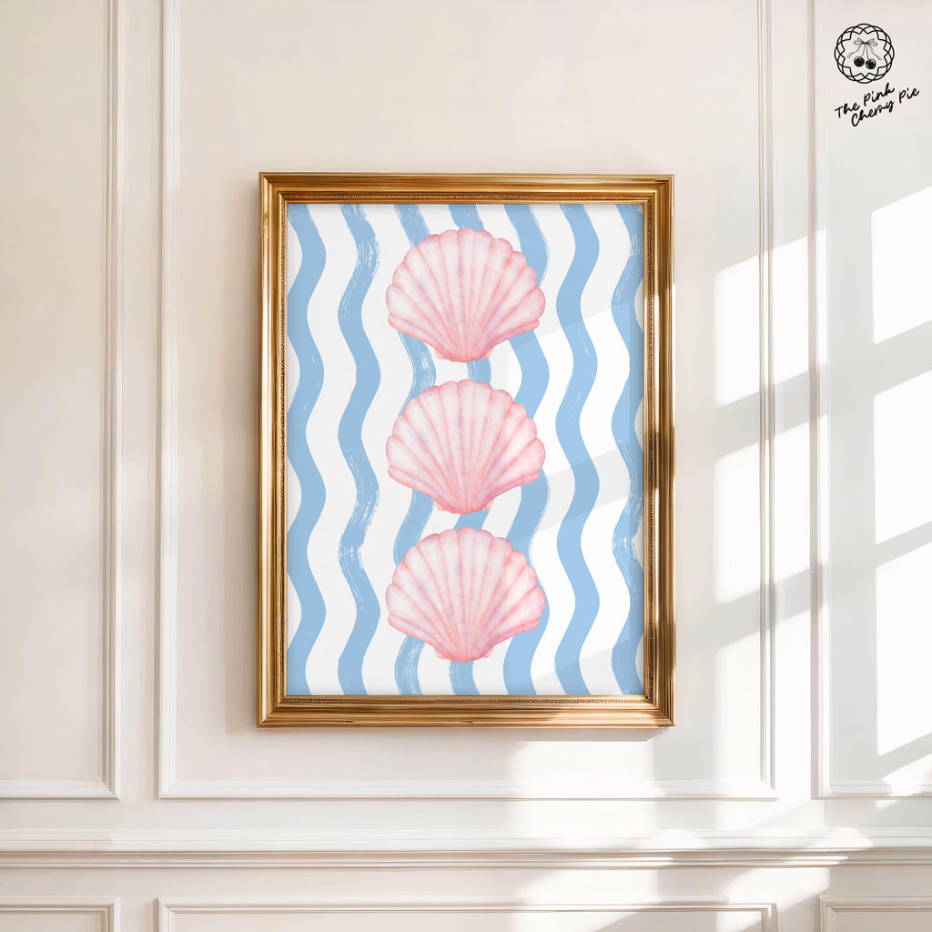 Pink and Blue Coastal Print - Pink Seashell & Blue Wavy Stripes. Cute Coastal Wall Art for Summer Dorm Decor, Aesthetic [Digital Download]