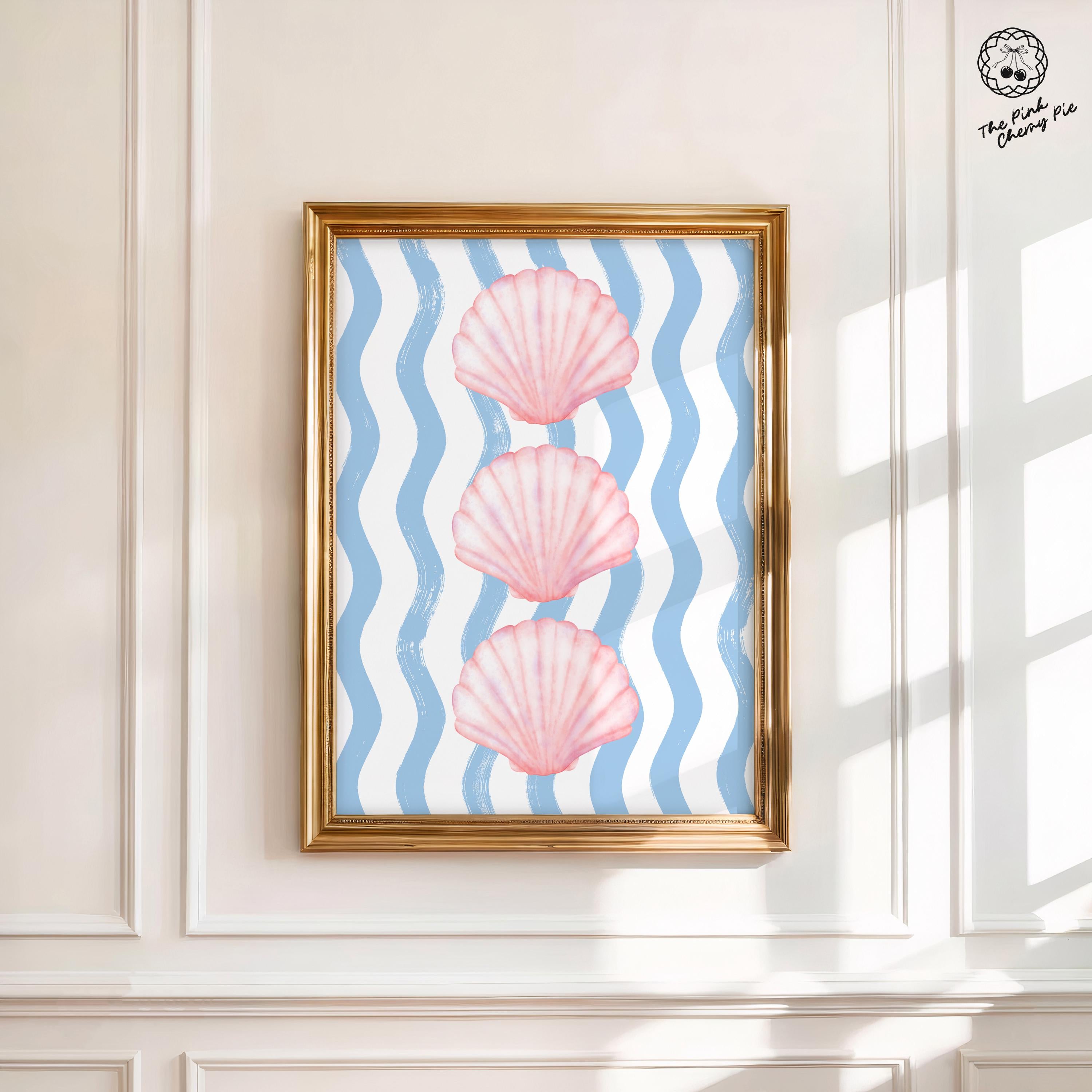 Pink and Blue Coastal Print - Pink Seashell & Blue Wavy Stripes. Cute Coastal Wall Art for Summer Dorm Decor, Aesthetic [Digital Download]