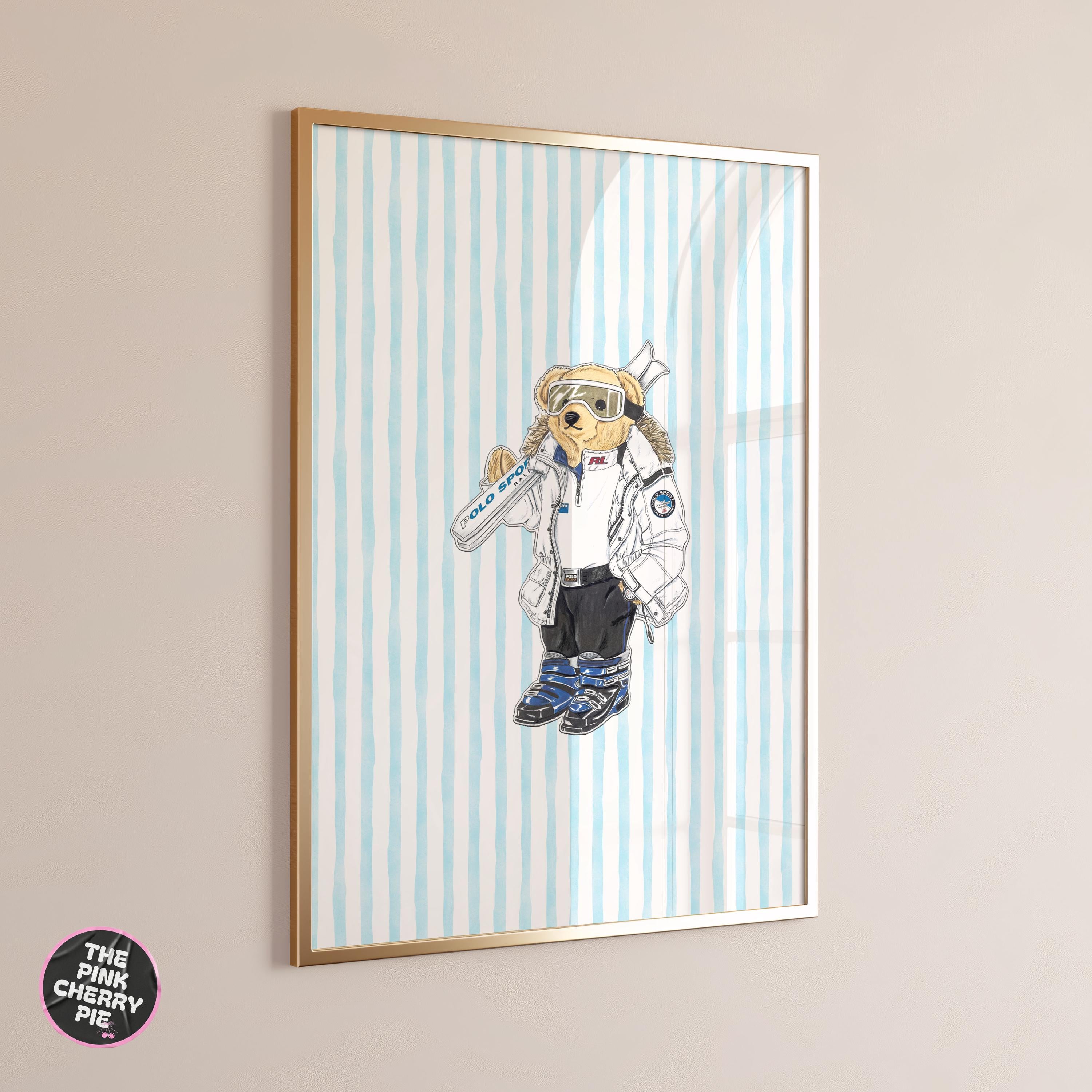Preppy Ski Bear Vintage Fashion Wall Art Cabin Poster Watercolor Retro Wall Art Winter Ski Vintage  [Digital Download]