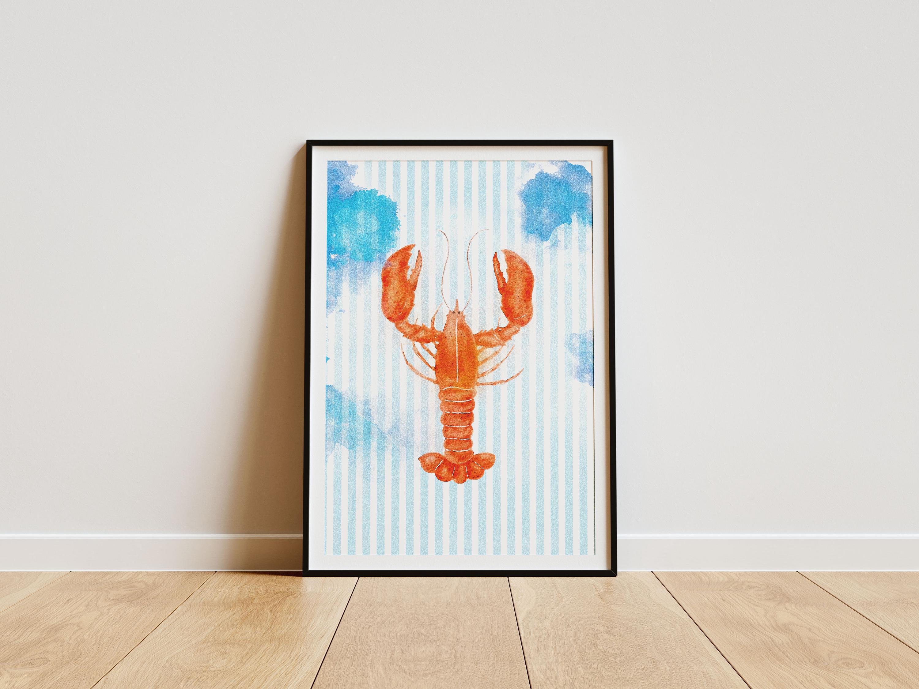 Preppy Lobster Watercolor Painting Print on Blue Stripes, Coastal Wall Art, Nautical Beach House Decor, Printable Seaside Art