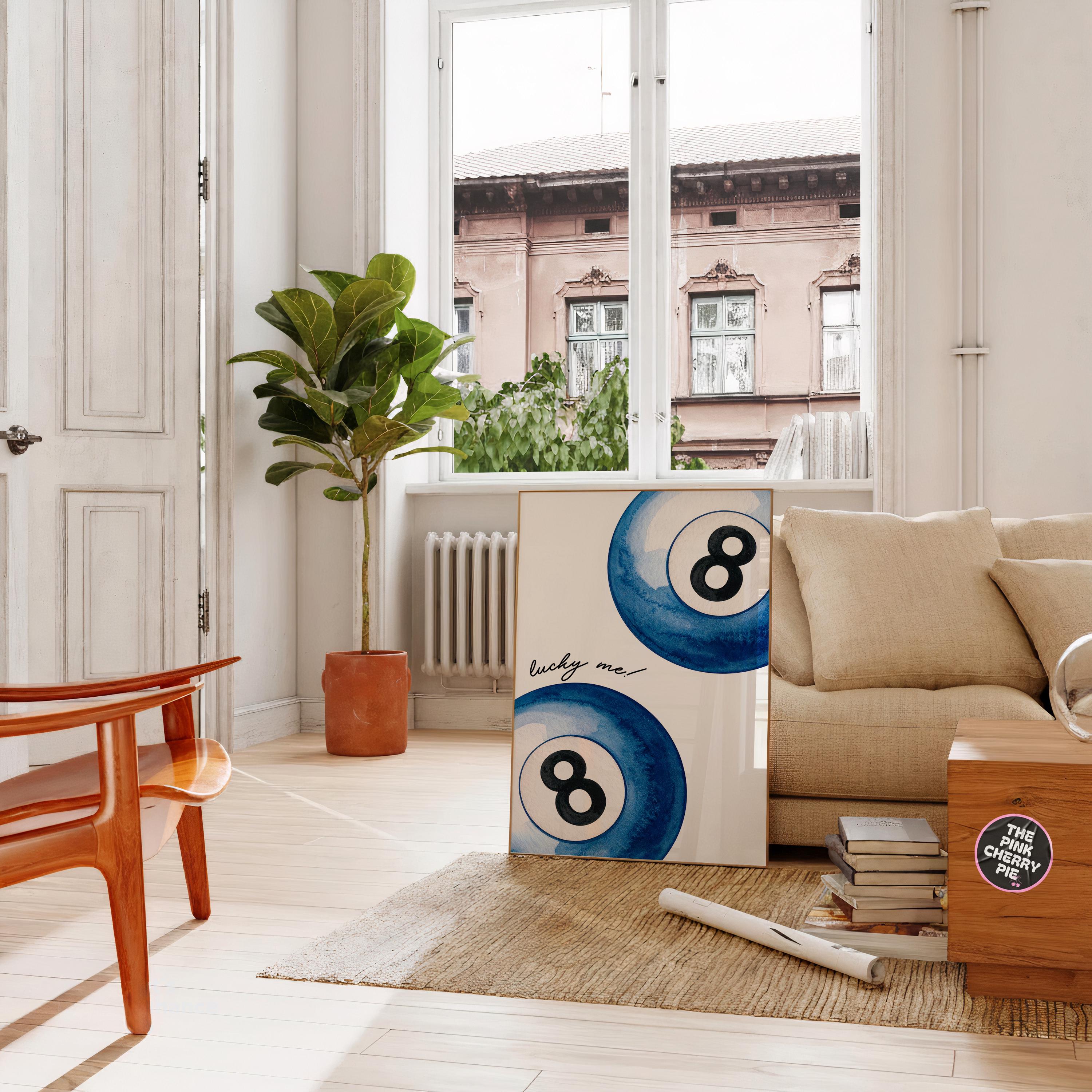 How lucky are we print, Blue Retro Eight Ball Billiard Poster, Funky Y2K Aesthetic Apartment Decor, Lucky Me Pool Ball Digital Print