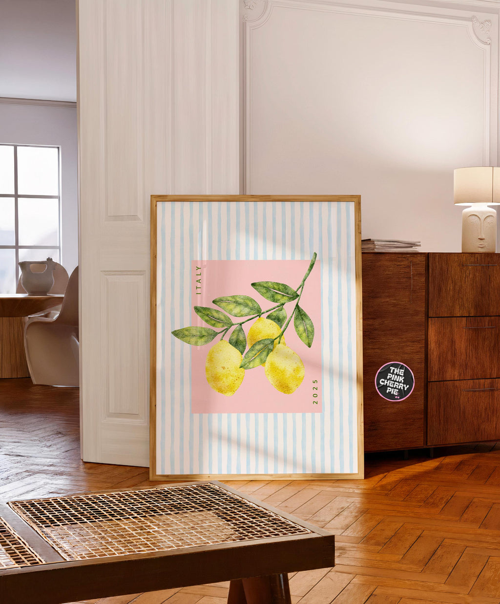 Lemon Print on Blue Stripe - Pink Background | Coastal Kitchen Wall Art | Bright Fruit Printable | Italy Wall Art [Digital Download]
