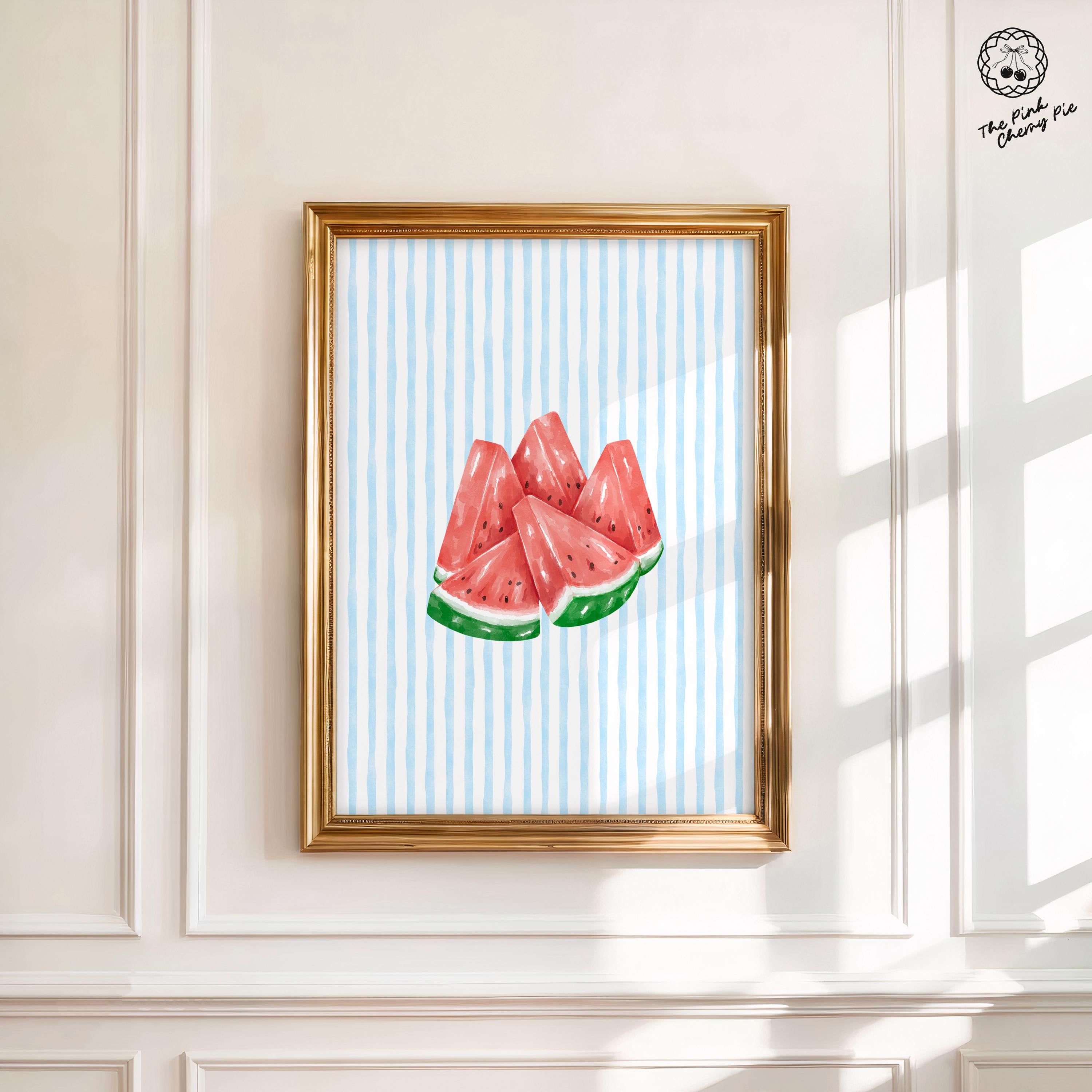 Watermelon Slices Watercolor Paint Print on Blue Stripes, Juicy Watermelon, Preppy Coastal Decor, Watermelon Poster [Digital Download]