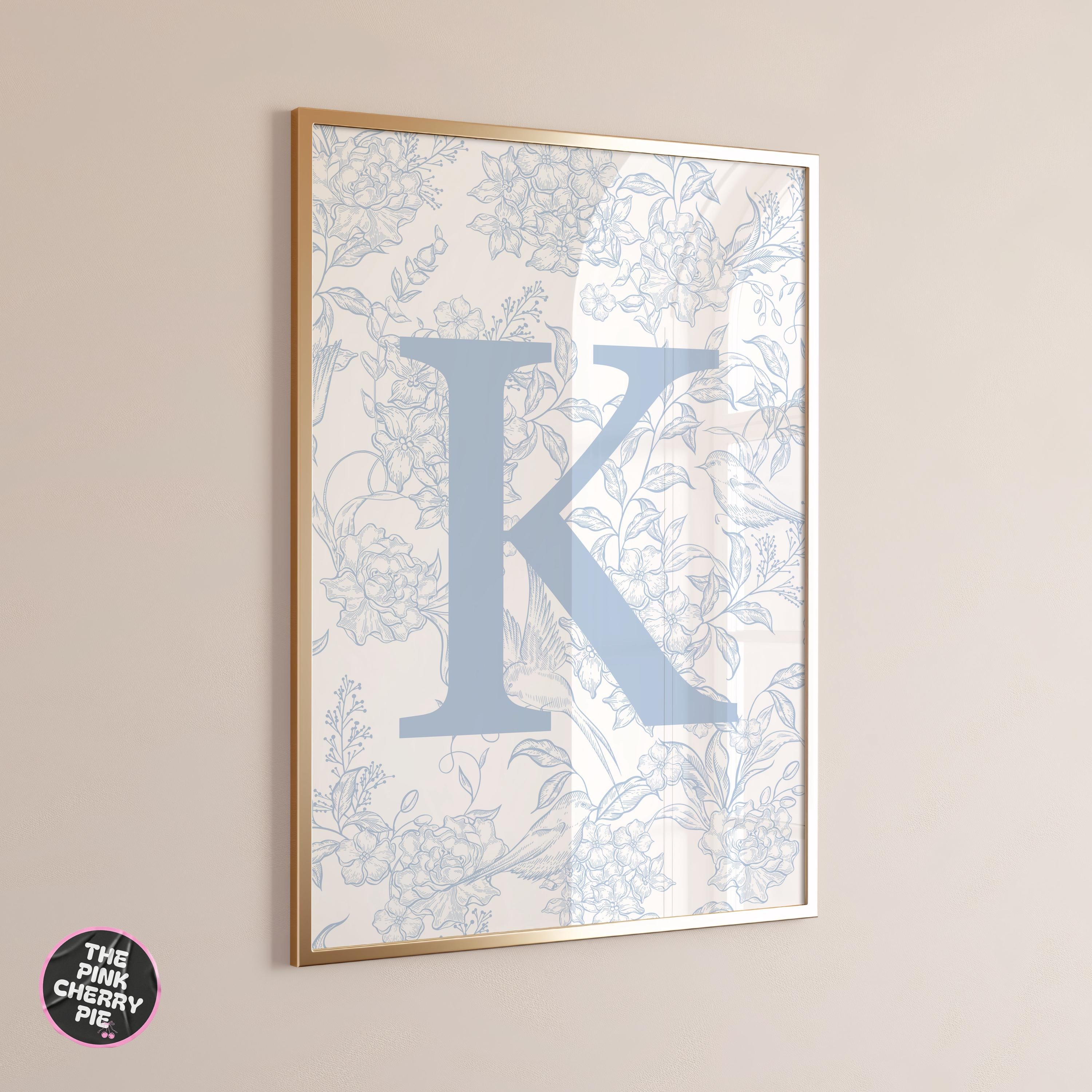 Custom Blue Floral Initial Print - Letter Wall Decor, Light Blue Dorm Art, Personalized Bedroom, Cute & Girly Name Letter Artwork [Digital]