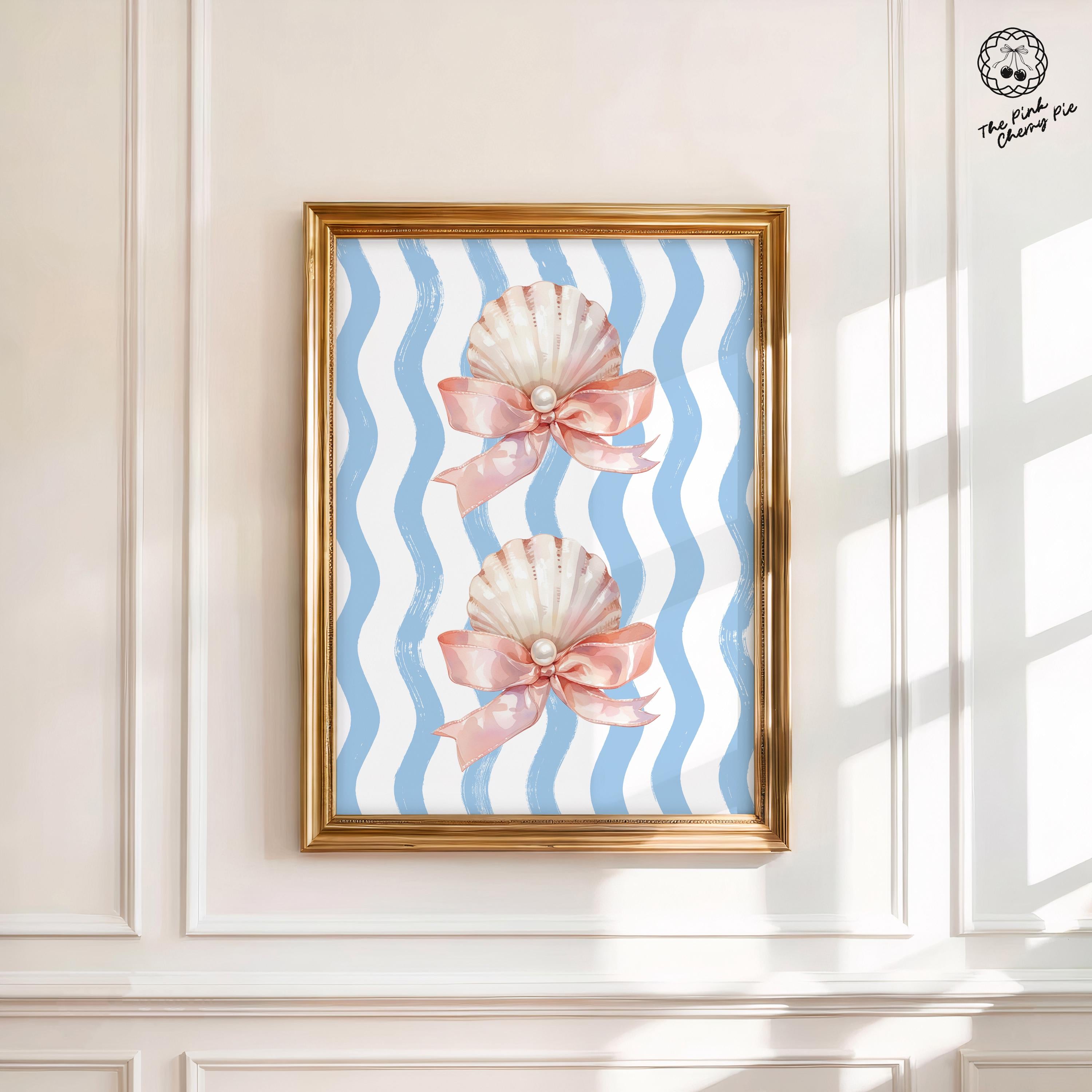 Pink and Blue Coastal Print - Pink Pearl Shell with Bow & Blue Wavy Stripes, Cute Coastal Wall Art for Summer Dorm Decor [Digital Download]