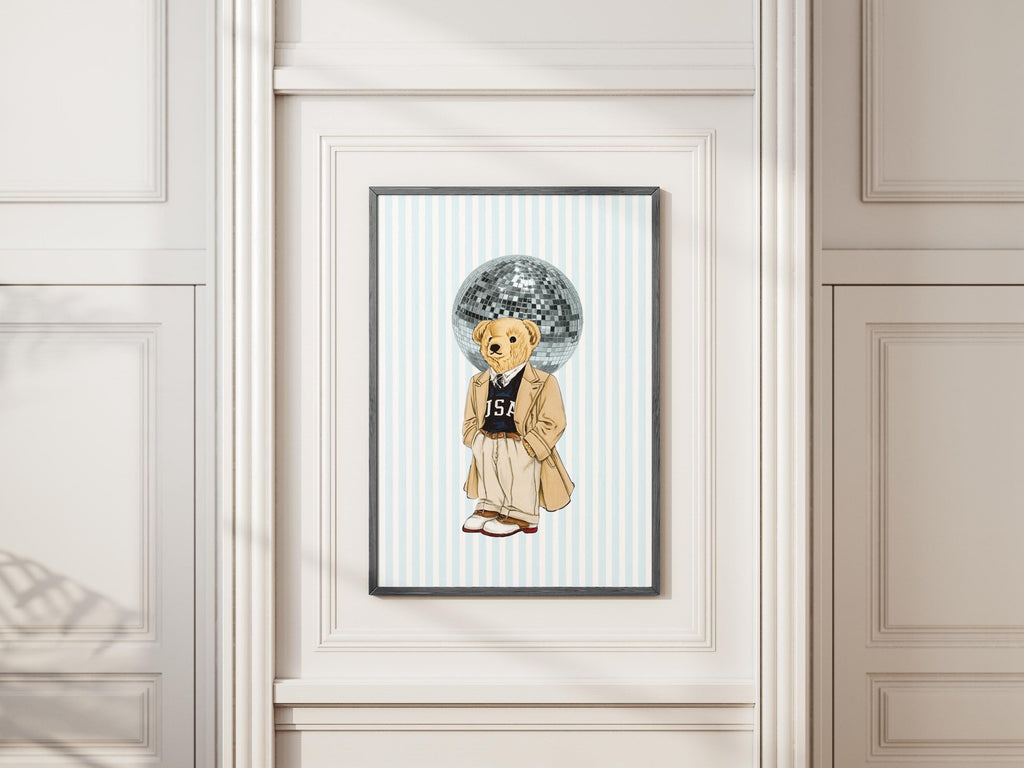 Preppy Disco Bear Wall Art – Coastal Preppy Bear Disco Ball Print, Nautical Beach Wall Art - [Digital File]