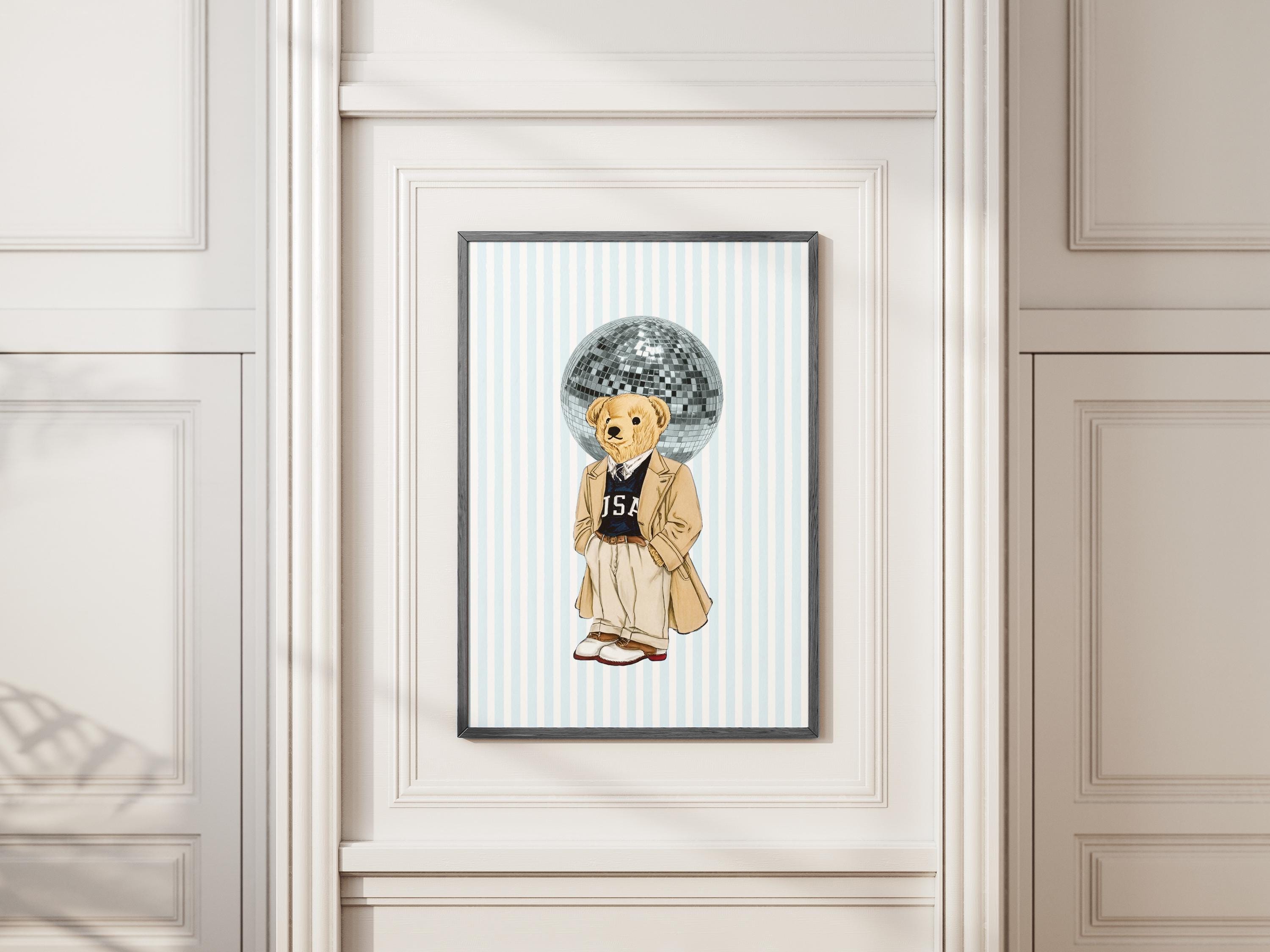 Preppy Disco Bear Wall Art – Coastal Preppy Bear Disco Ball Print, Nautical Beach Wall Art - [Digital File]