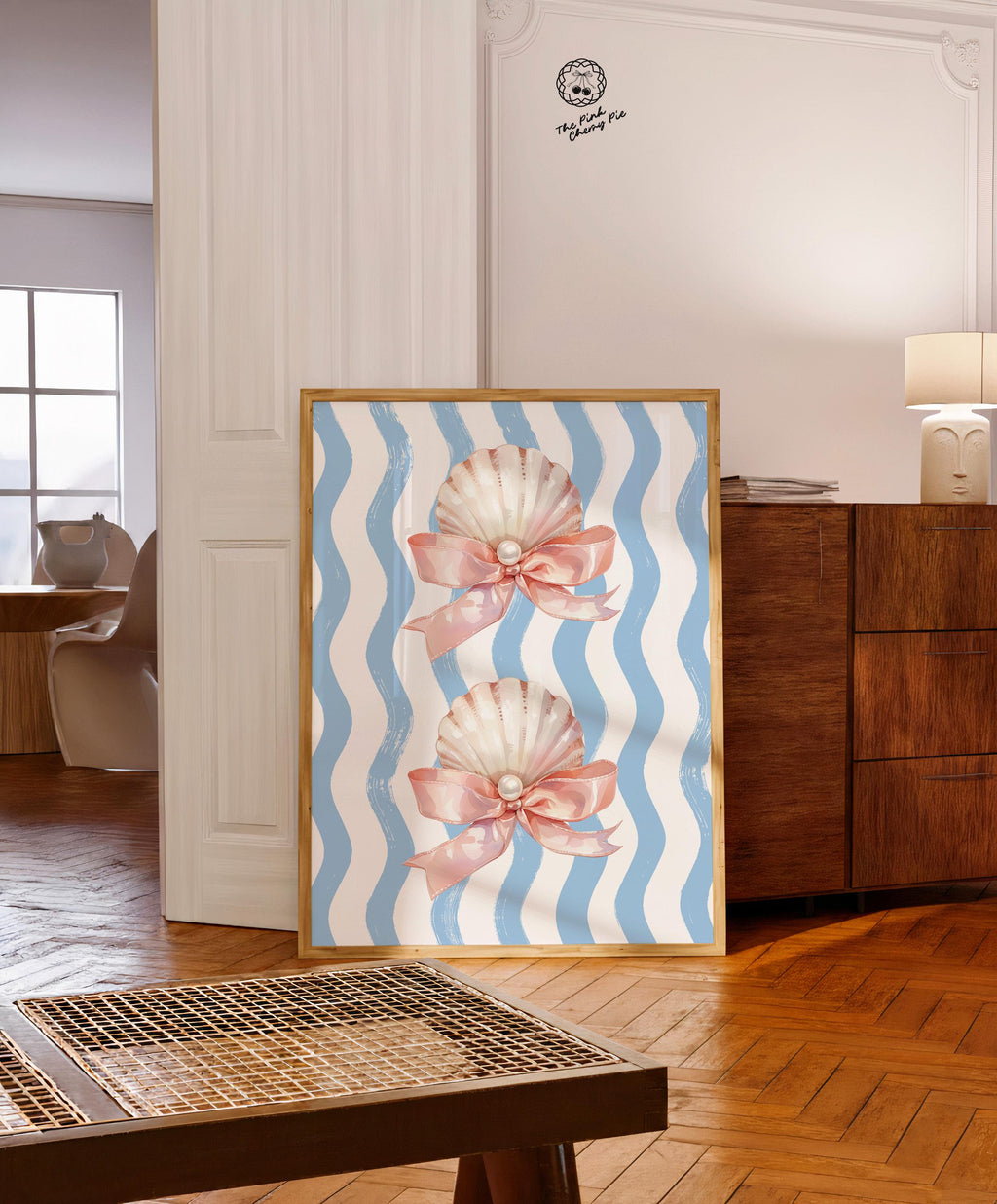 Pink and Blue Coastal Print - Pink Pearl Shell with Bow & Blue Wavy Stripes, Cute Coastal Wall Art for Summer Dorm Decor [Digital Download]