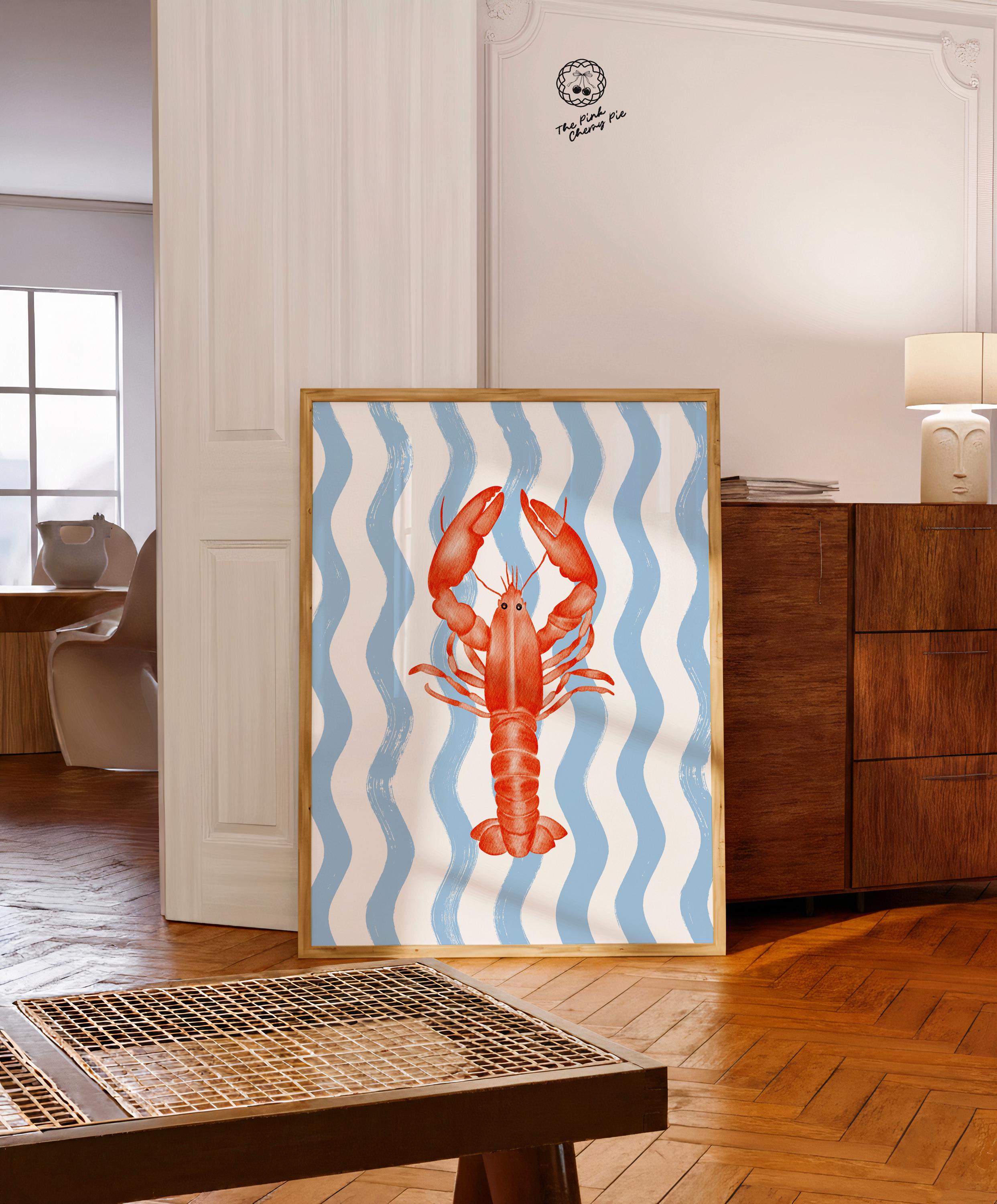 Preppy Lobster Print on Blue Wavy Stripes, Coastal Wall Art, Nautical Beach House Decor, Printable Seaside Art [Digital Download]