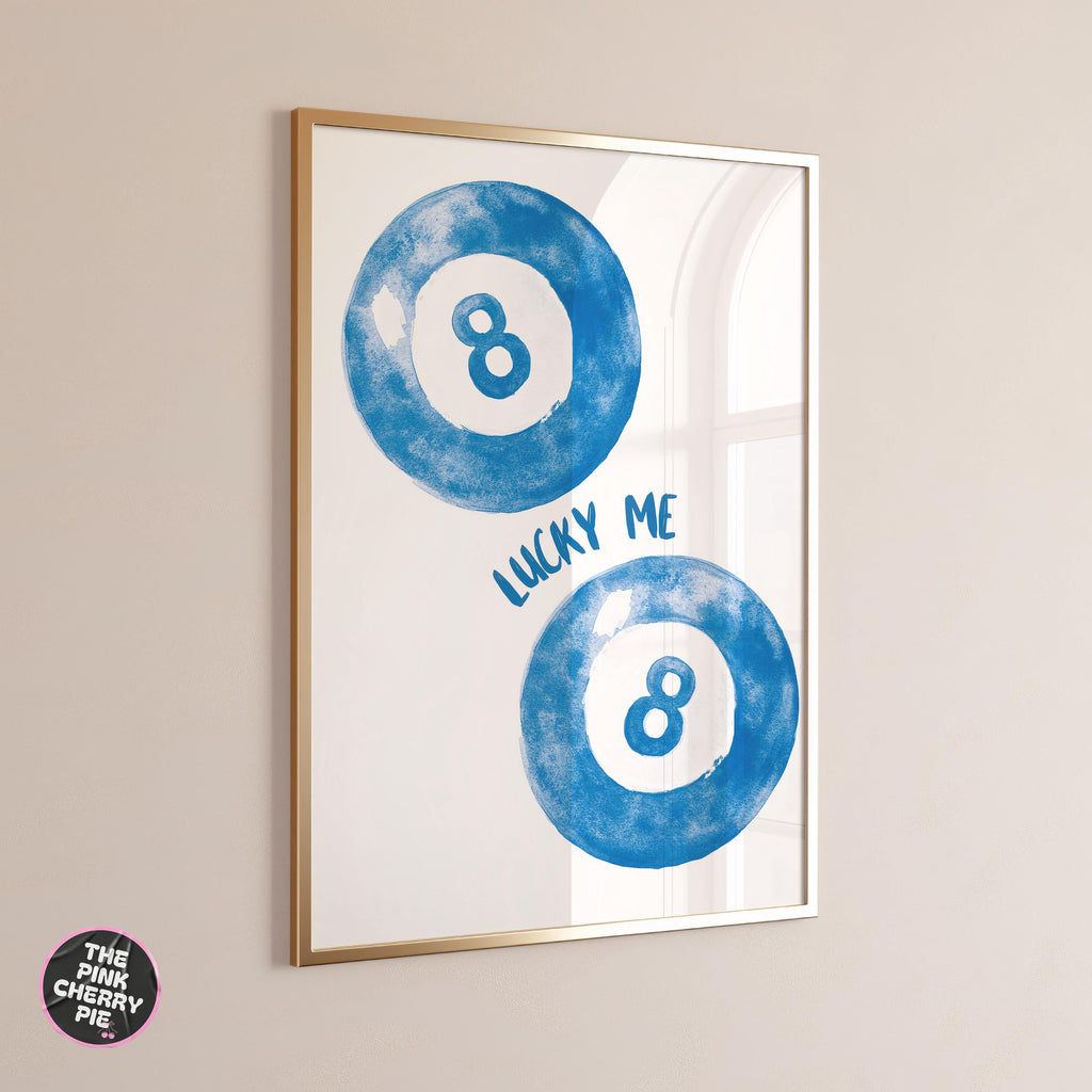 How lucky are we print, Blue Retro Eight Ball Billiard Poster, Funky Y2K Aesthetic Apartment Decor, Lucky Me Pool Ball Digital Print