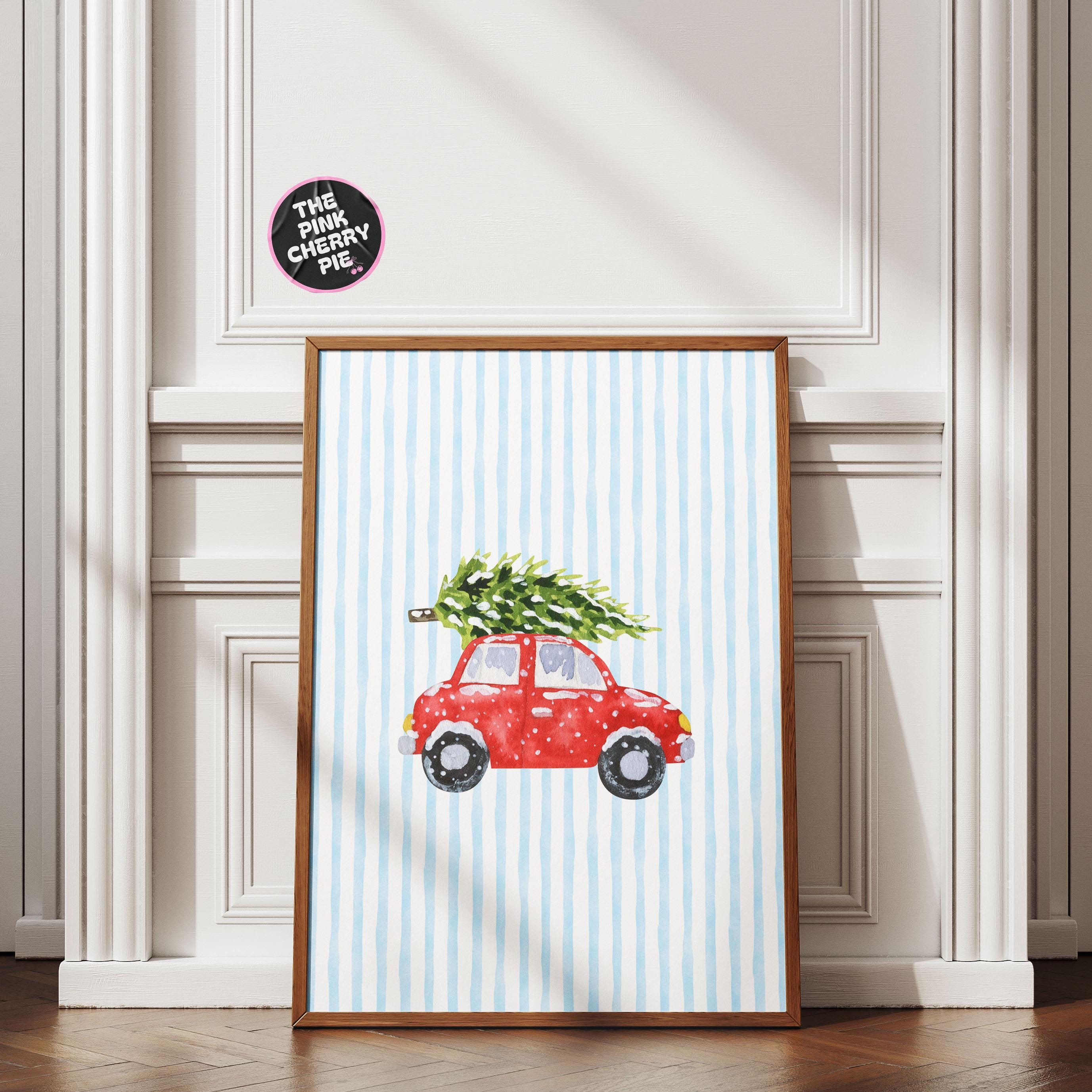 Red Car with Tree on Blue Stripes Wall Art | Driving Home for Christmas Poster | Cozy Holiday Print | Watercolor Christmas Decor [Digital]