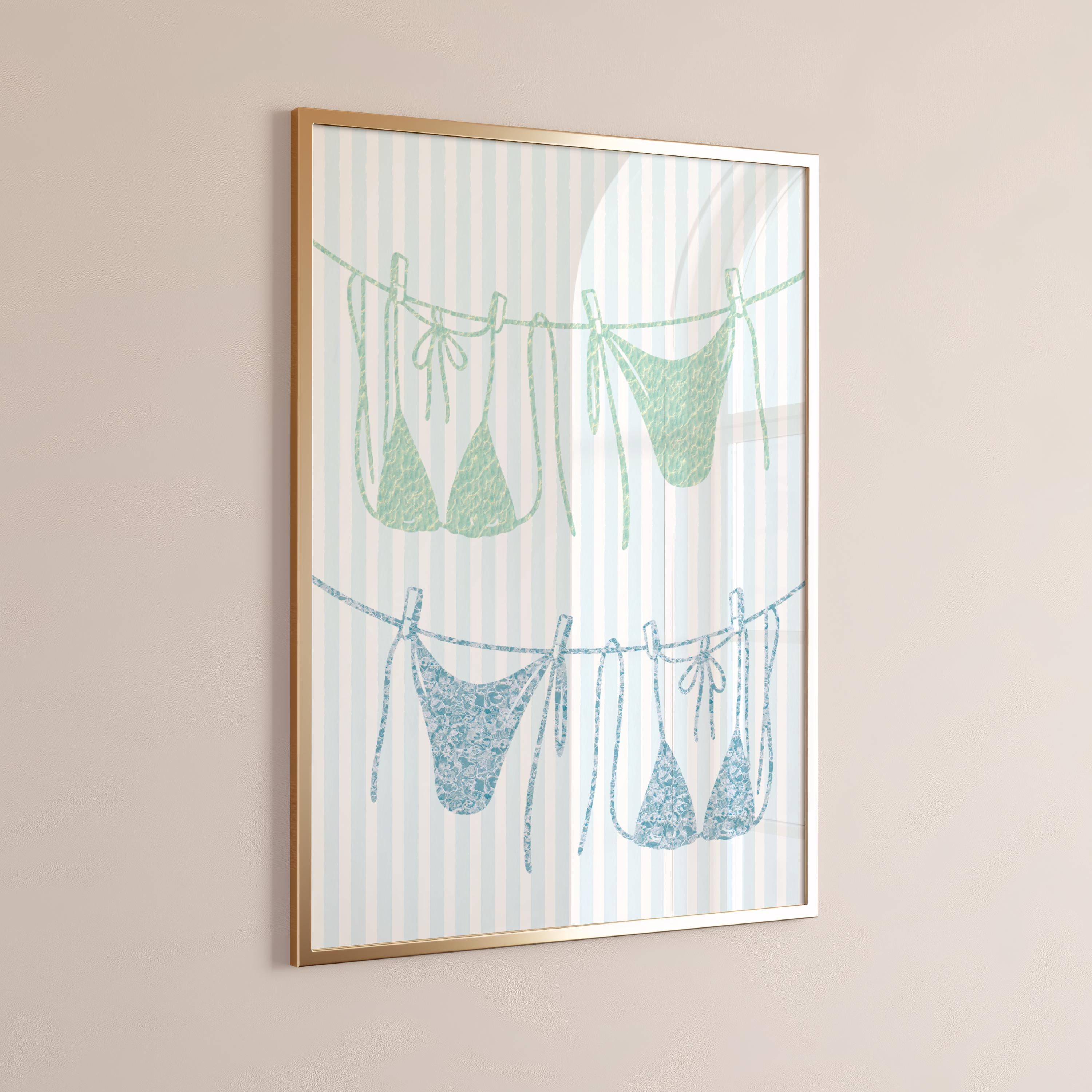 Blue and Green Bikini on Clothesline Watercolor Striped Print – Coastal Beachy Wall Art | Trendy Summer Print for Dorm & Preppy Room Decor