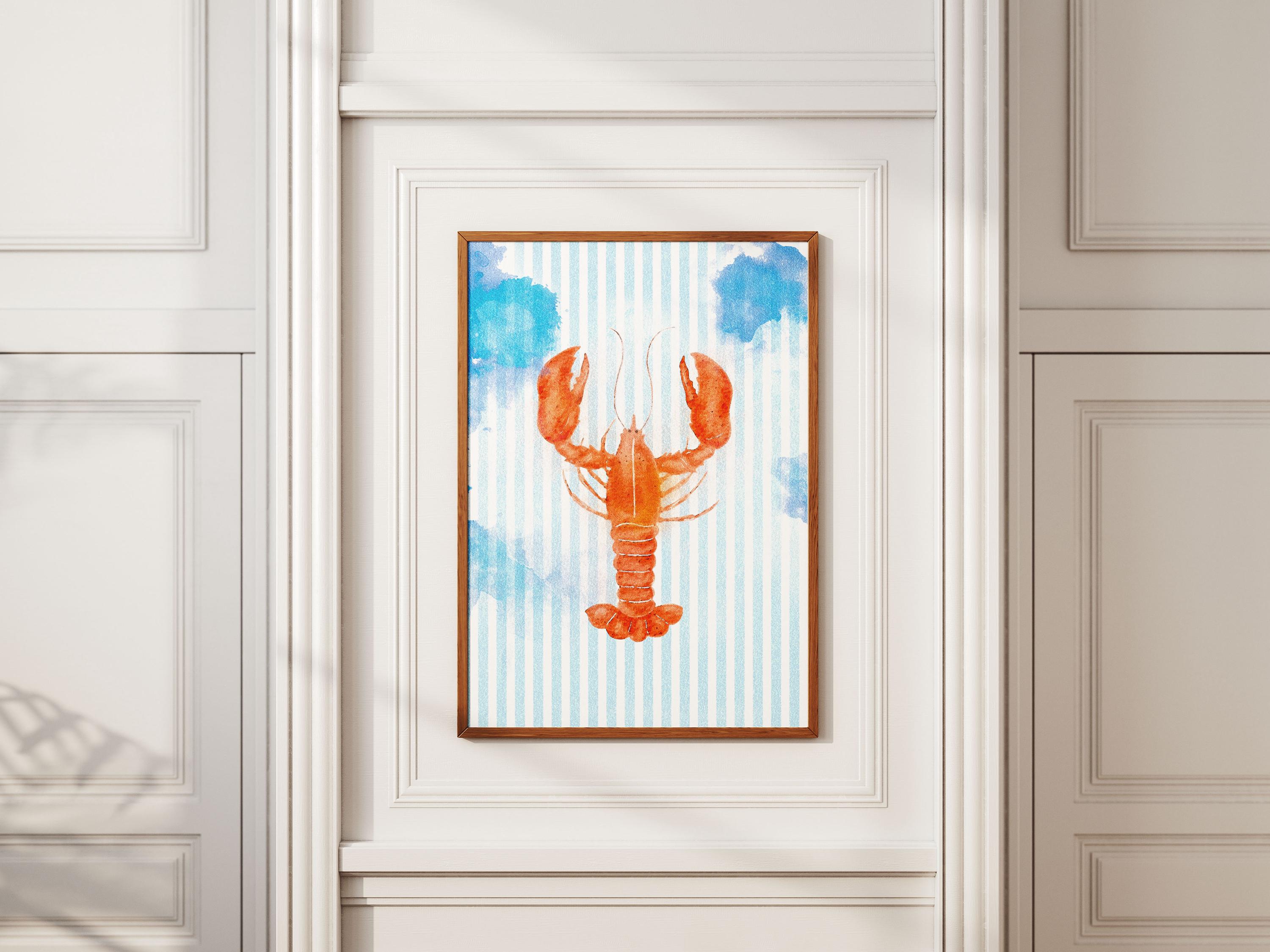 Preppy Lobster Watercolor Painting Print on Blue Stripes, Coastal Wall Art, Nautical Beach House Decor, Printable Seaside Art