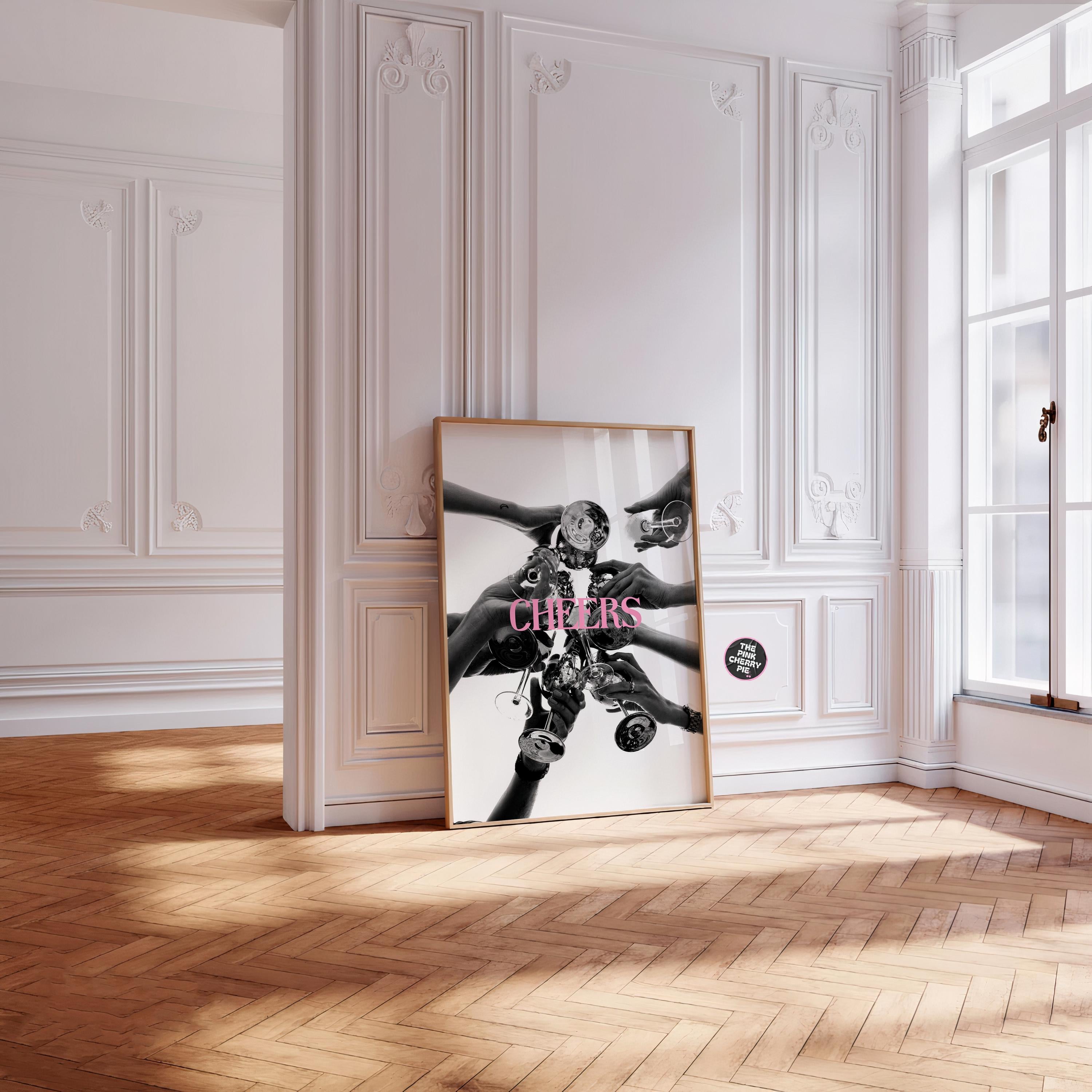 Cheers Print, Black and White, Champagne Poster, Vintage Bar Print, Cocktail Wall Art, Bar Cart Print, Alcohol Wall Decor, Digital Download