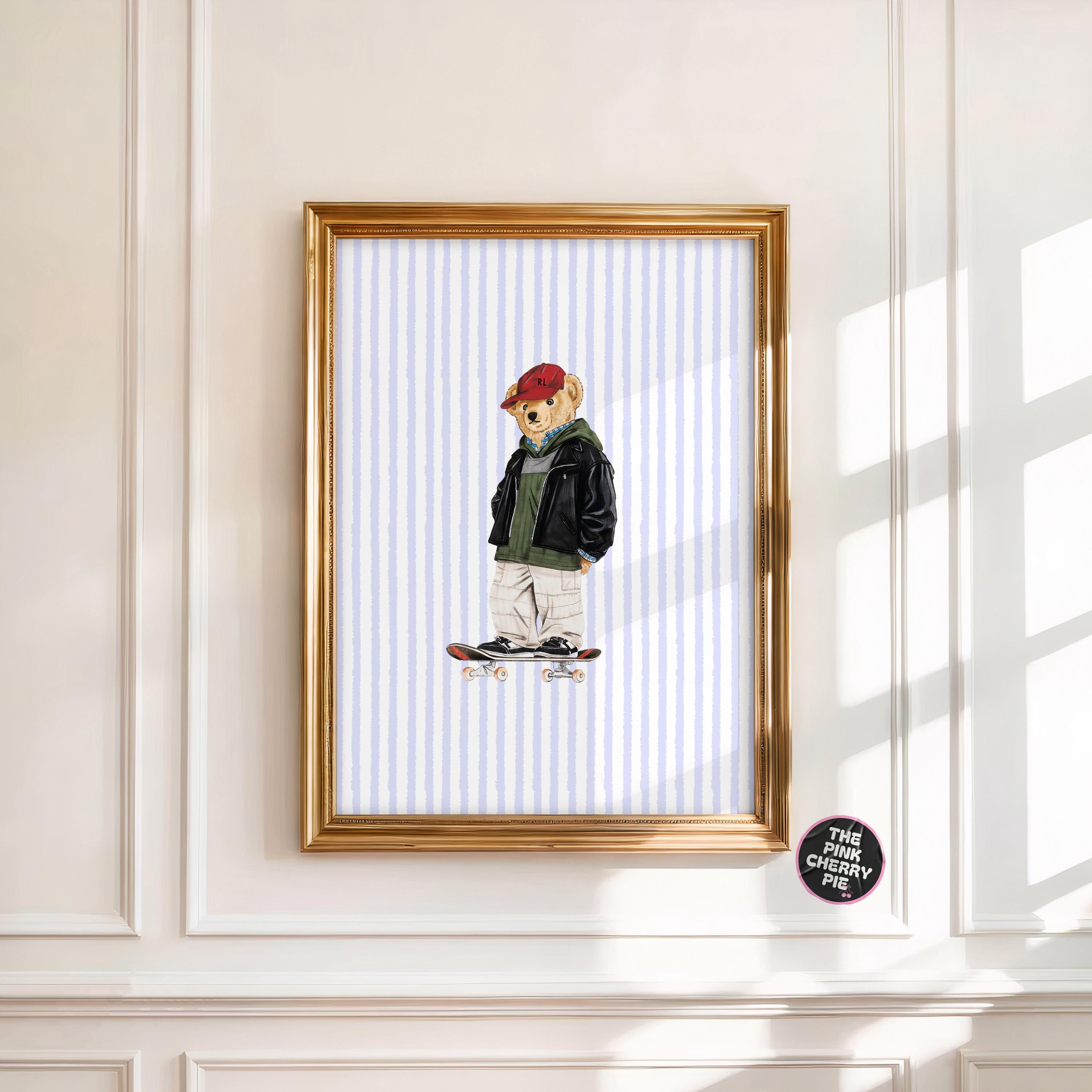 Skate Bear Print - Skateboard Wall Art – skateboard deck art - Blue Stripes Print [Digital File]