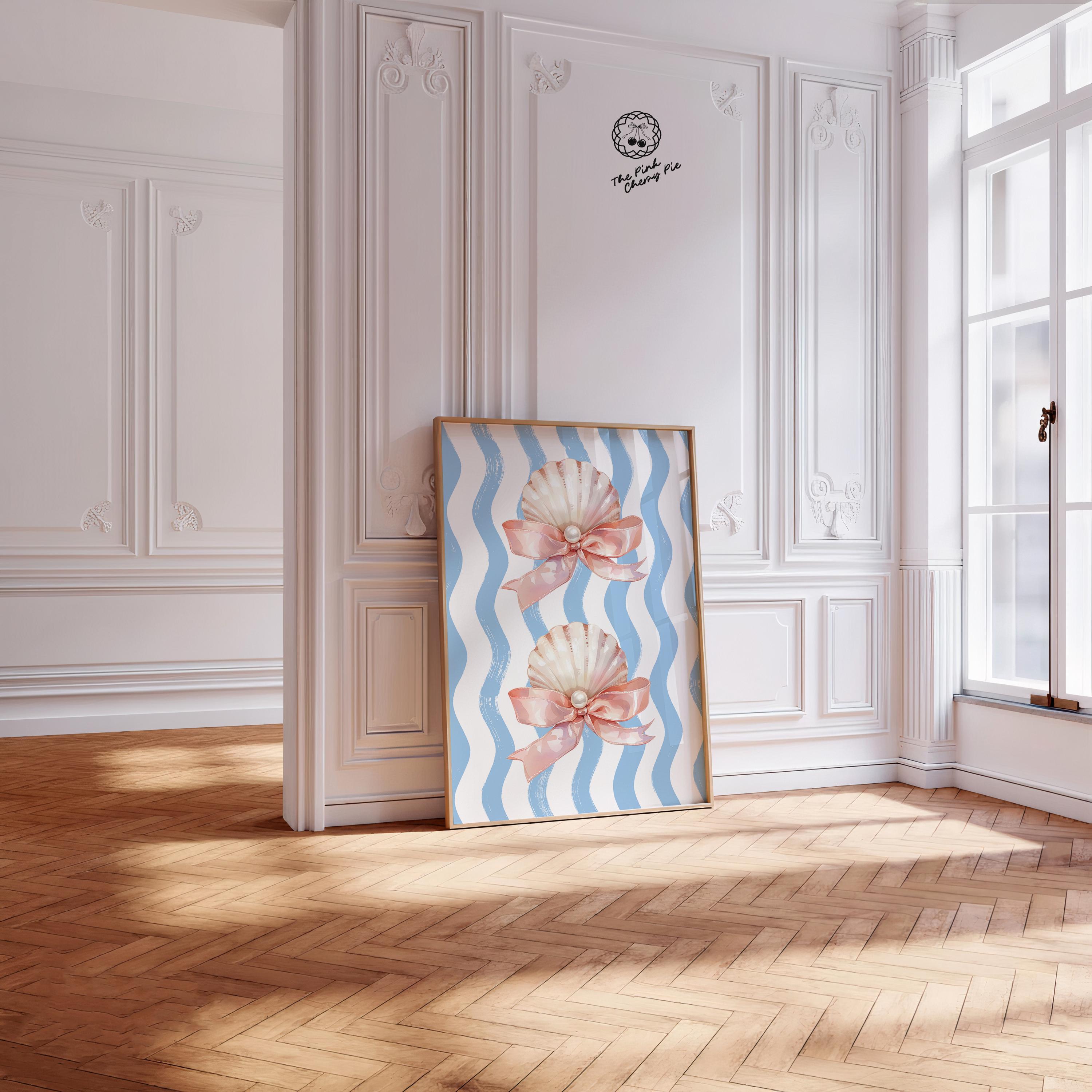 Pink and Blue Coastal Print - Pink Pearl Shell with Bow & Blue Wavy Stripes, Cute Coastal Wall Art for Summer Dorm Decor [Digital Download]