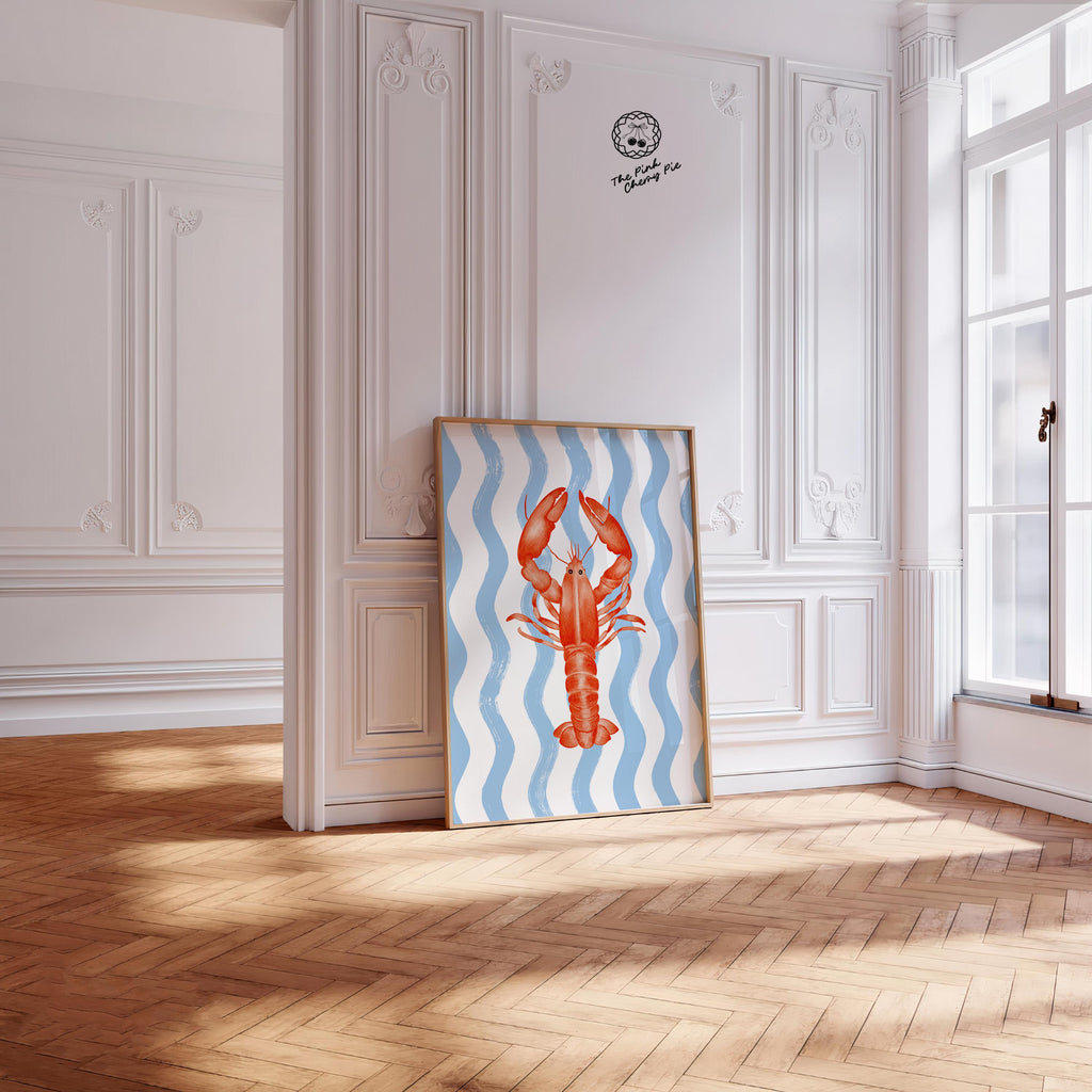 Preppy Lobster Print on Blue Wavy Stripes, Coastal Wall Art, Nautical Beach House Decor, Printable Seaside Art [Digital Download]