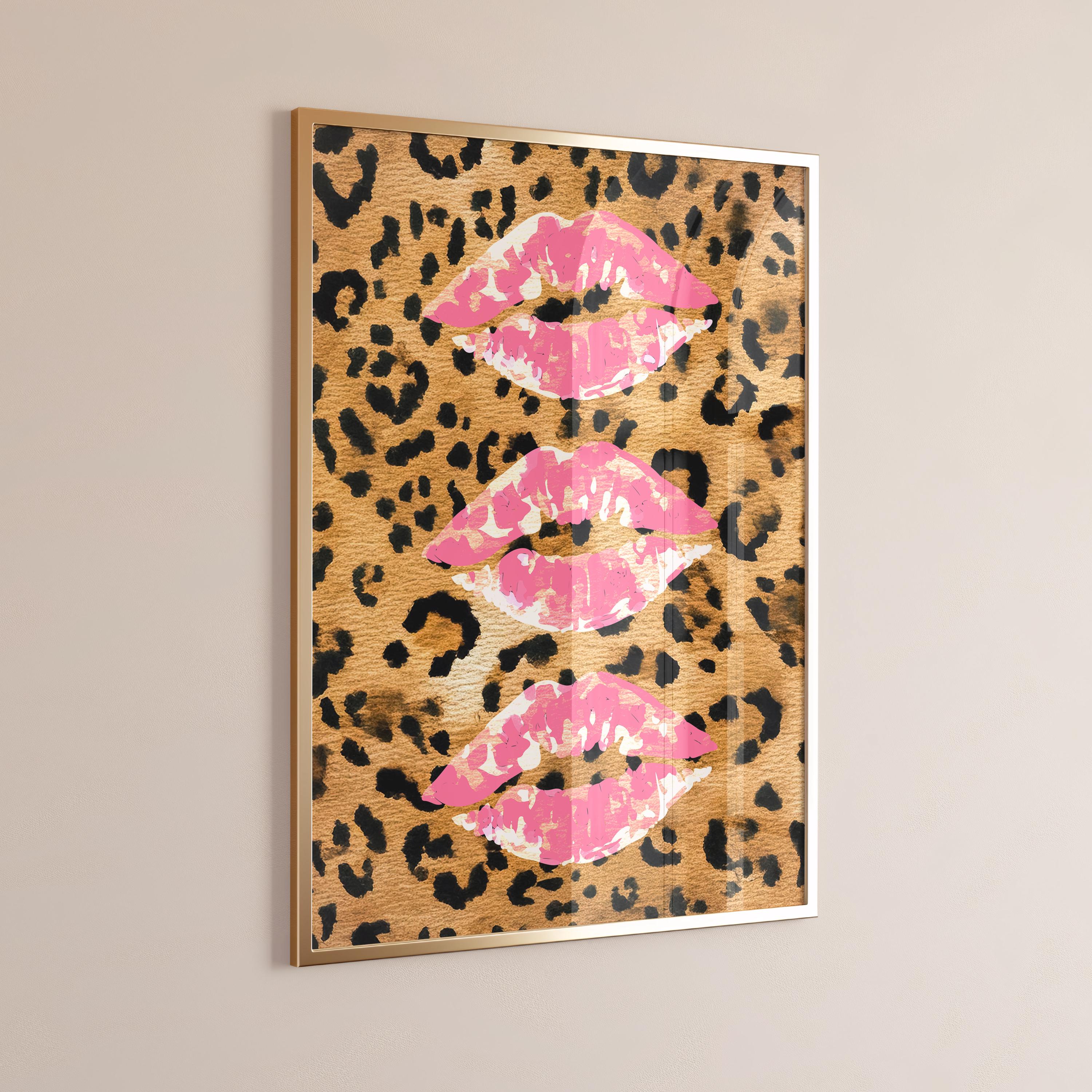 Pink Kiss Cheetah Watercolor Print – Trendy Dorm Wall Art, Bold Coquette Digital Download, Edgy Lip and Animal Print Poster