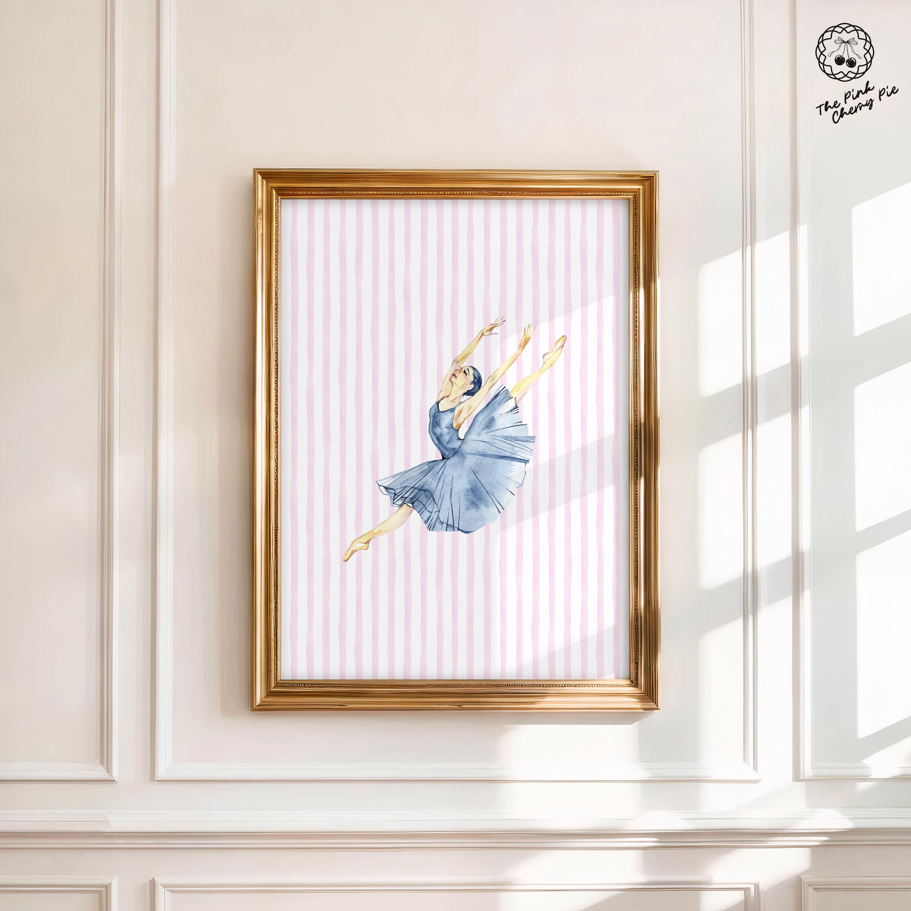 Watercolor Ballerina Art Print on Pink Stripes, Balletcore, Ballet Poster, Dancer Pictures, nursery minimalist print [Digital Download]