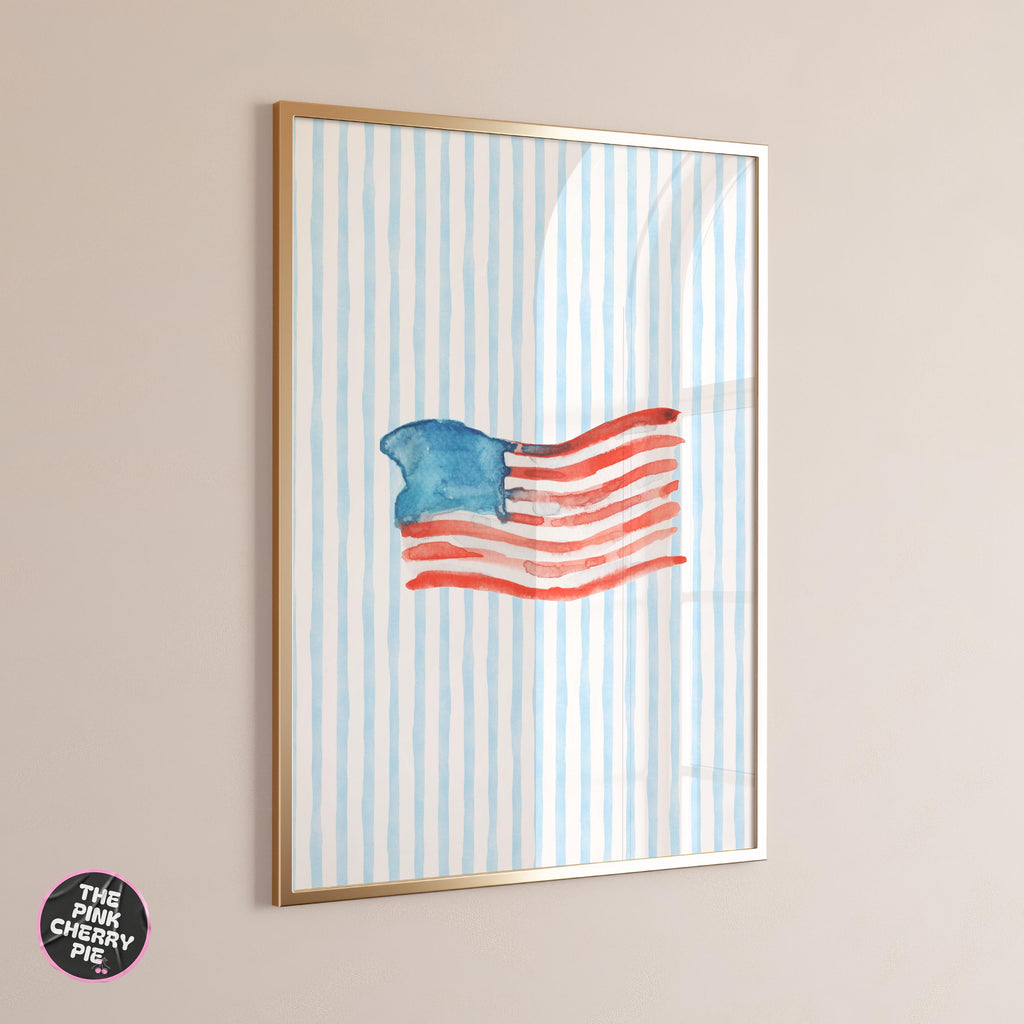 USA Flag on Blue Striped American Flag Print - Coastal Preppy Wall Art, USA Decor for 4th of July, Summer, Dorm Room Style [Digital]