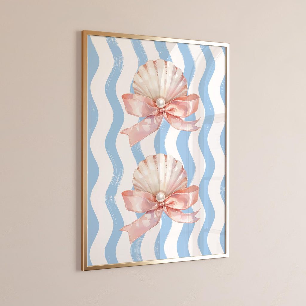 Pink and Blue Coastal Print - Pink Pearl Shell with Bow & Blue Wavy Stripes, Cute Coastal Wall Art for Summer Dorm Decor [Digital Download]