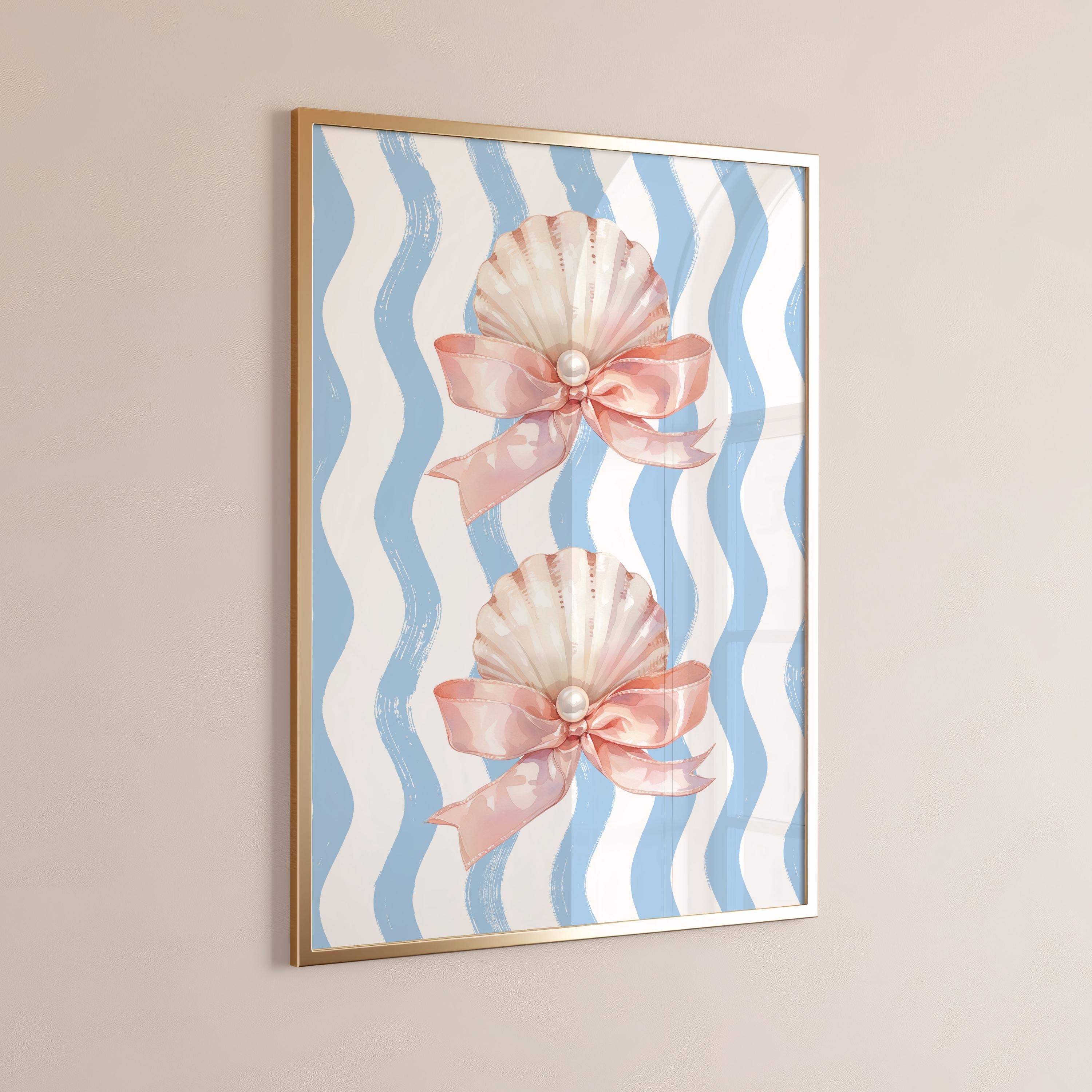 Pink and Blue Coastal Print - Pink Pearl Shell with Bow & Blue Wavy Stripes, Cute Coastal Wall Art for Summer Dorm Decor [Digital Download]