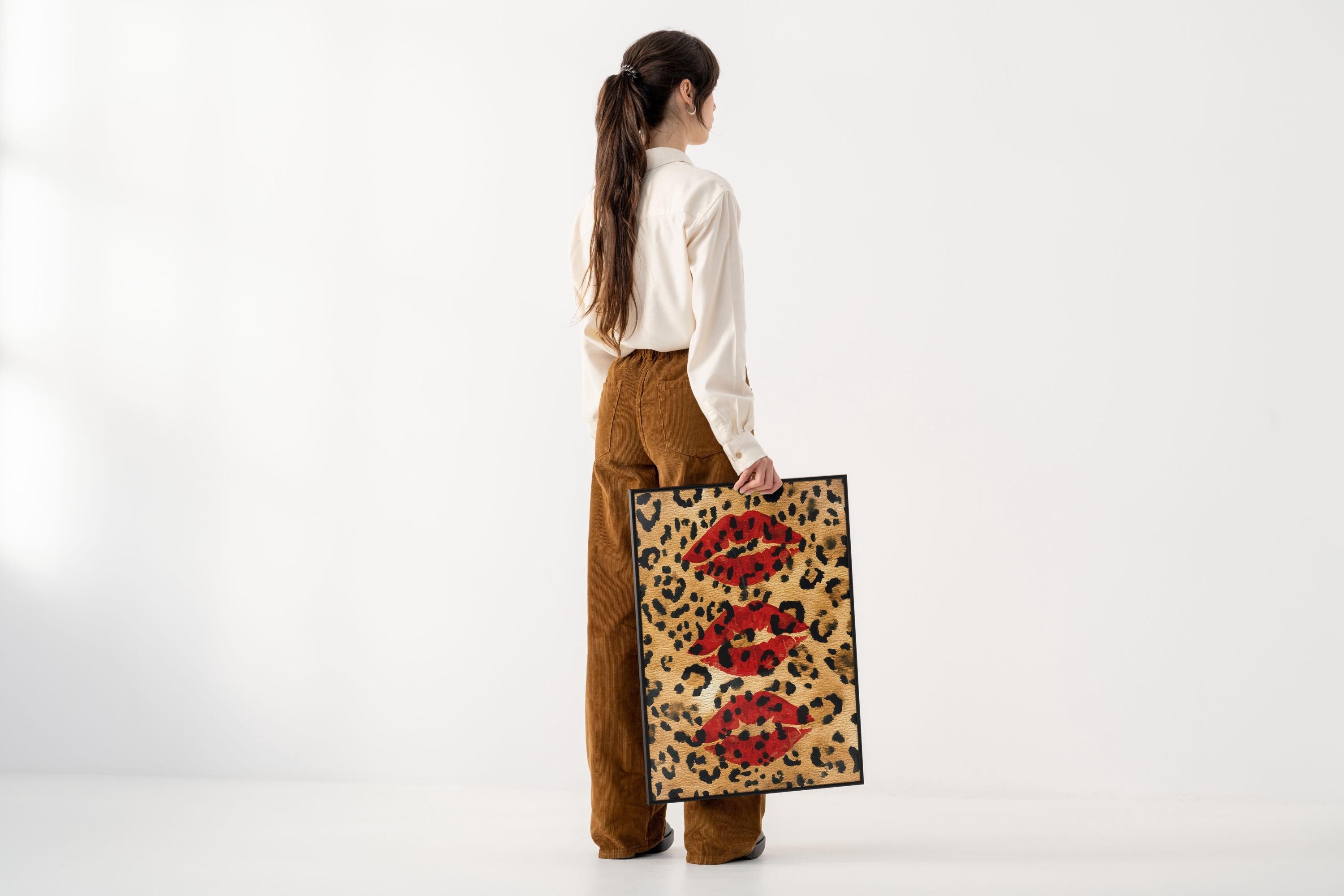 Red Kiss Cheetah Watercolor Print – Trendy Dorm Wall Art, Bold Coquette Digital Download, Edgy Lip and Animal Print Poster