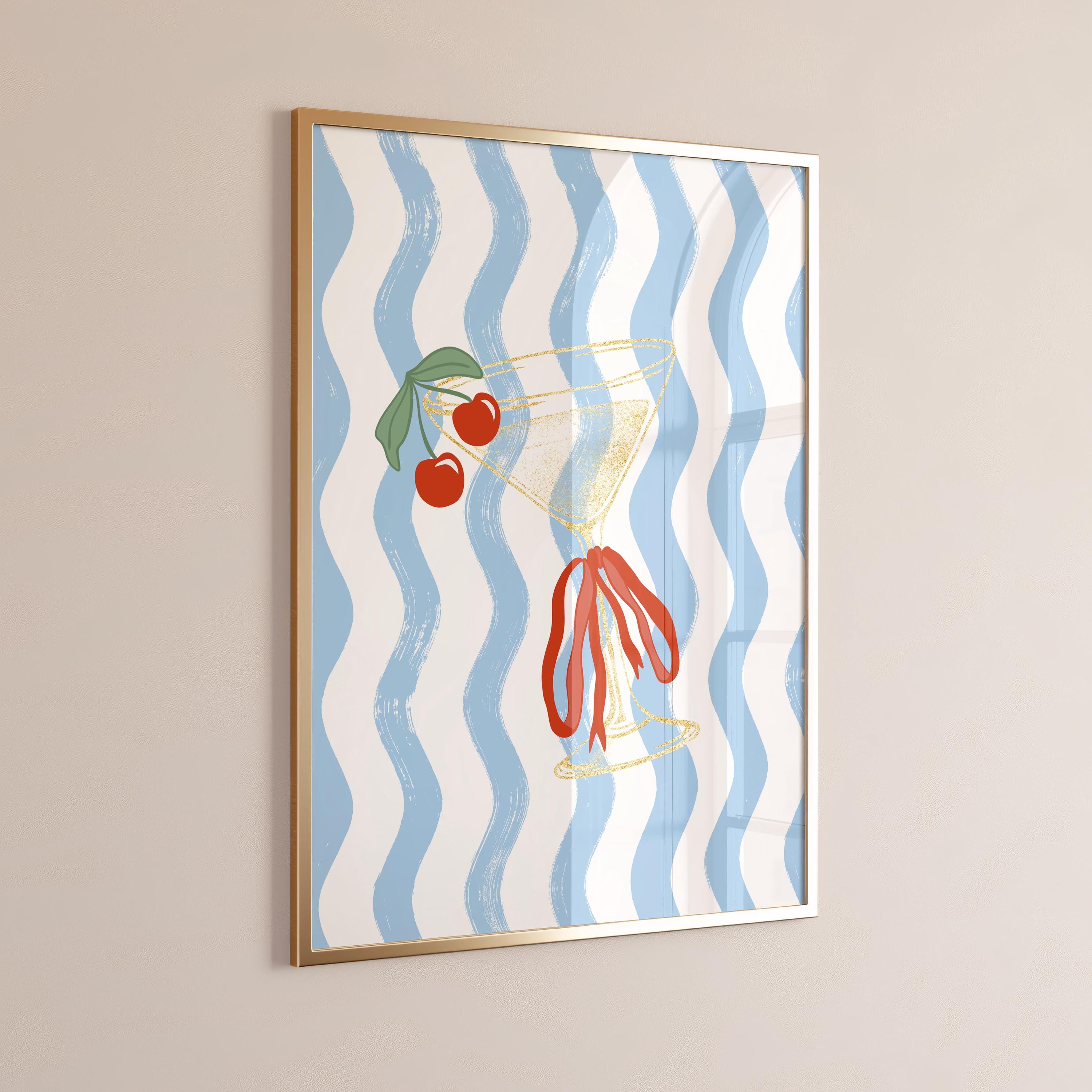 Cherry Martini with Bow Wall Art Stripes, Martini Print, Cocktail Poster, Bar Decor, Trendy, Modern Retro Vintage [Digital Download]