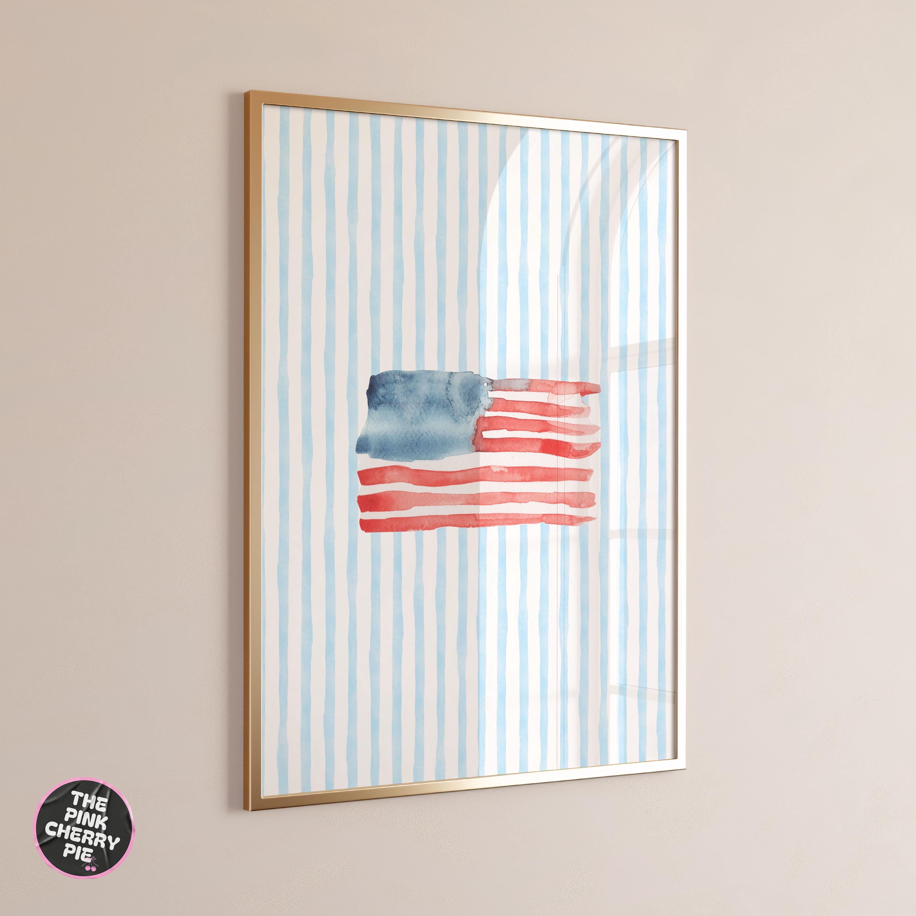 USA flag on Blue Striped American Flag Print - Coastal Preppy Wall Art, USA Decor for 4th of July, Summer, Dorm Room Style [Digital]