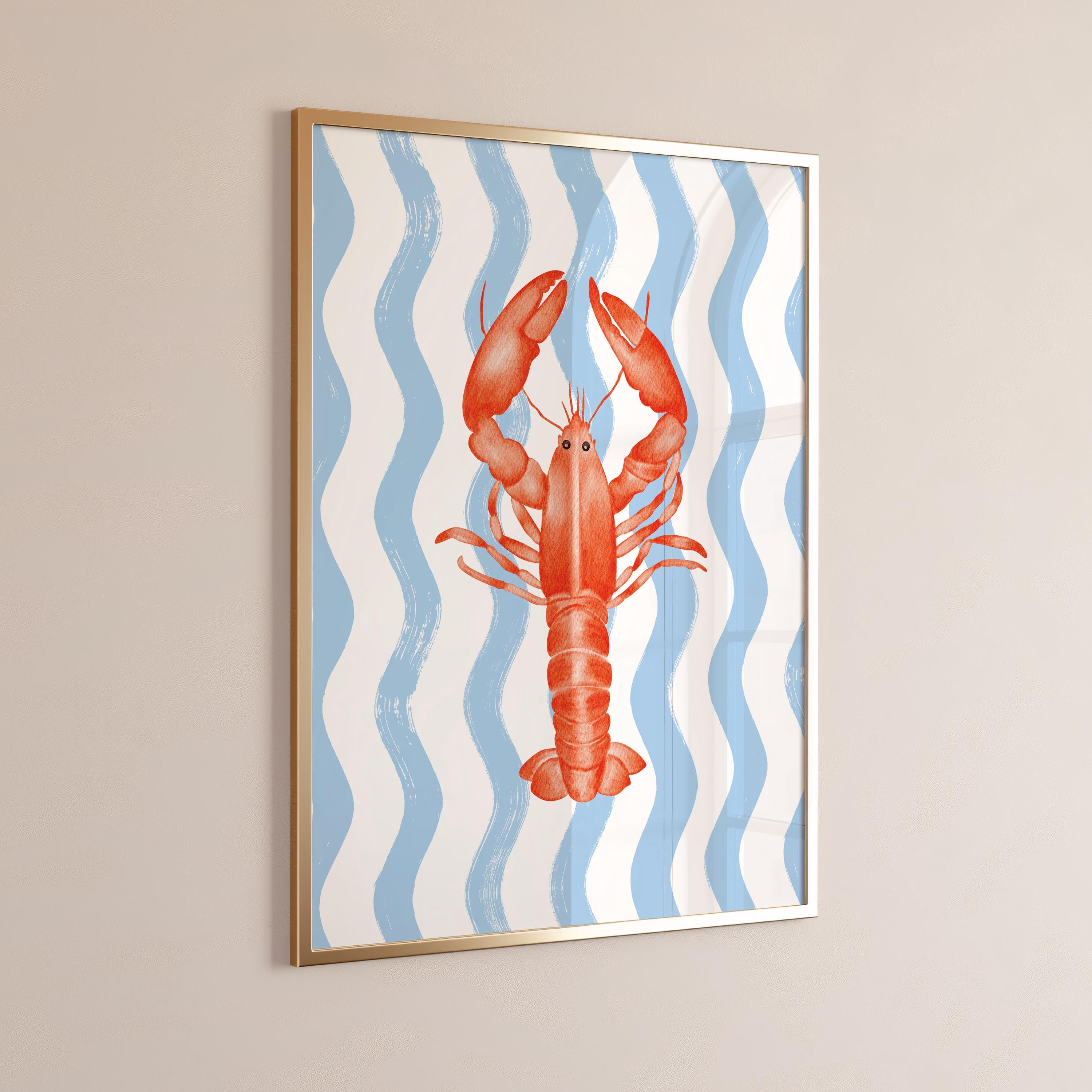 Preppy Lobster Print on Blue Wavy Stripes, Coastal Wall Art, Nautical Beach House Decor, Printable Seaside Art [Digital Download]