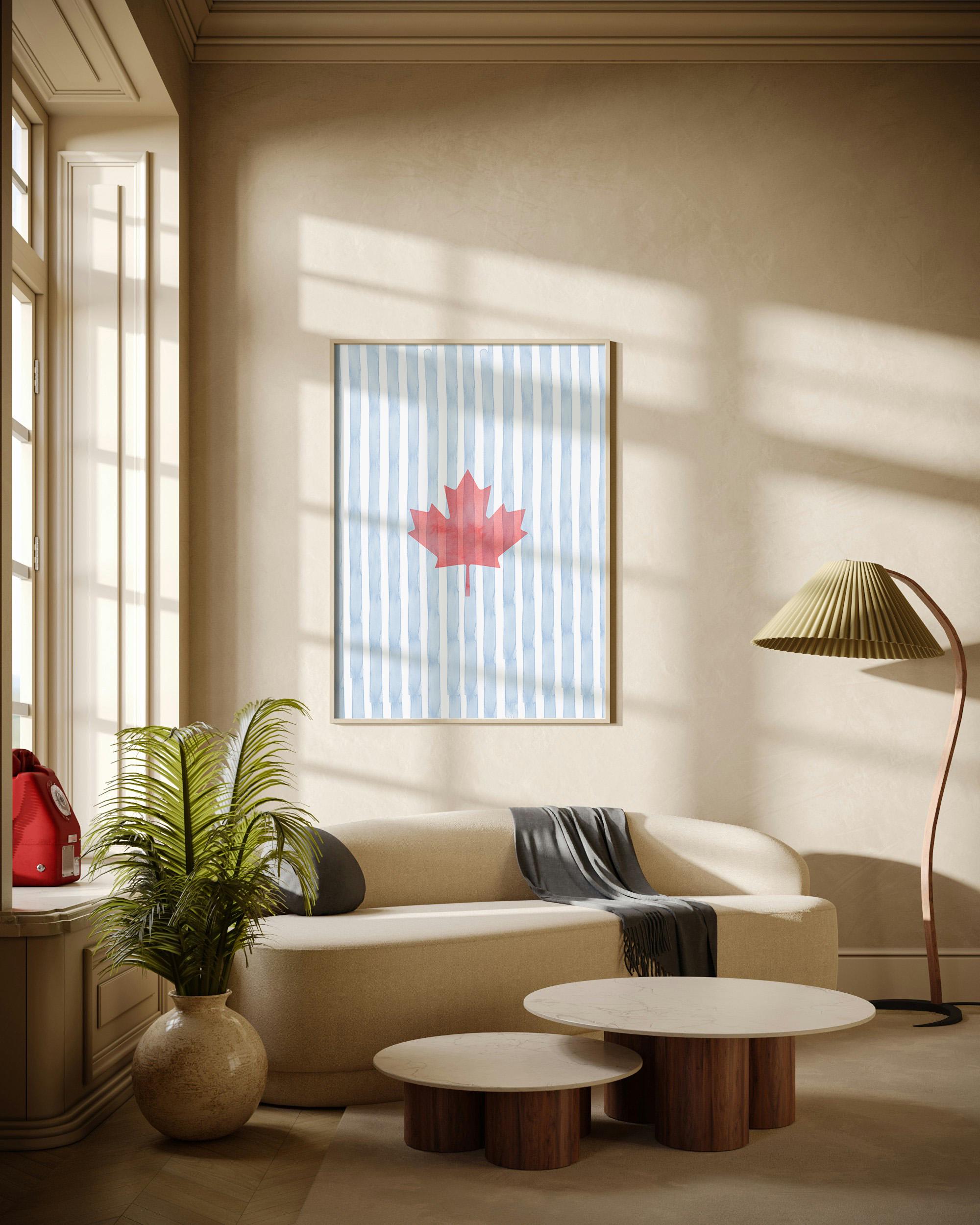 Coastal Canada Watercolor Blue Striped  Flag Wall Art – Red Maple Leaf Poster | Red & Blue Striped  Patriotic Coastal Decor Rustic Cabin