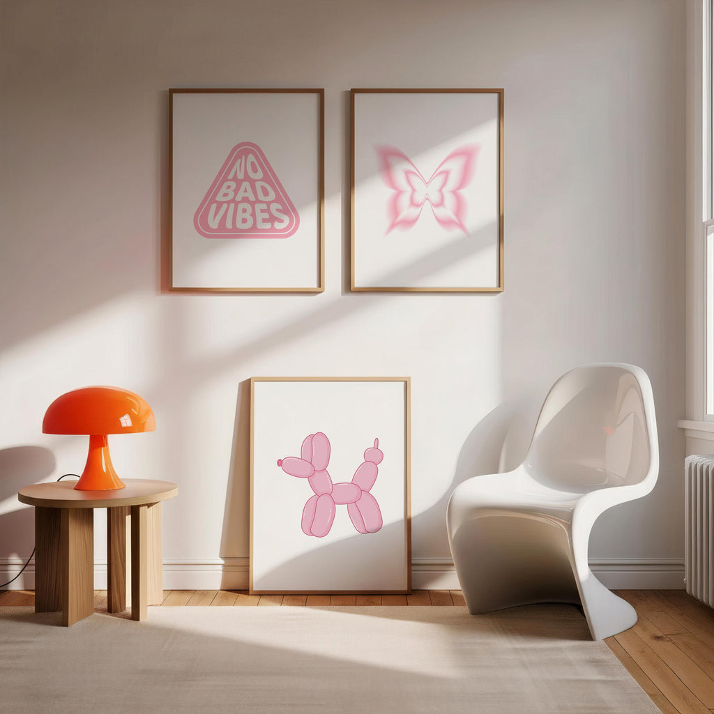 Pink Butterfly Y2K Print, Pink Balloon Dog Print, No Bad Vibes Print - Set of 3 | Trendy Girly Room Decor [Digital Download]