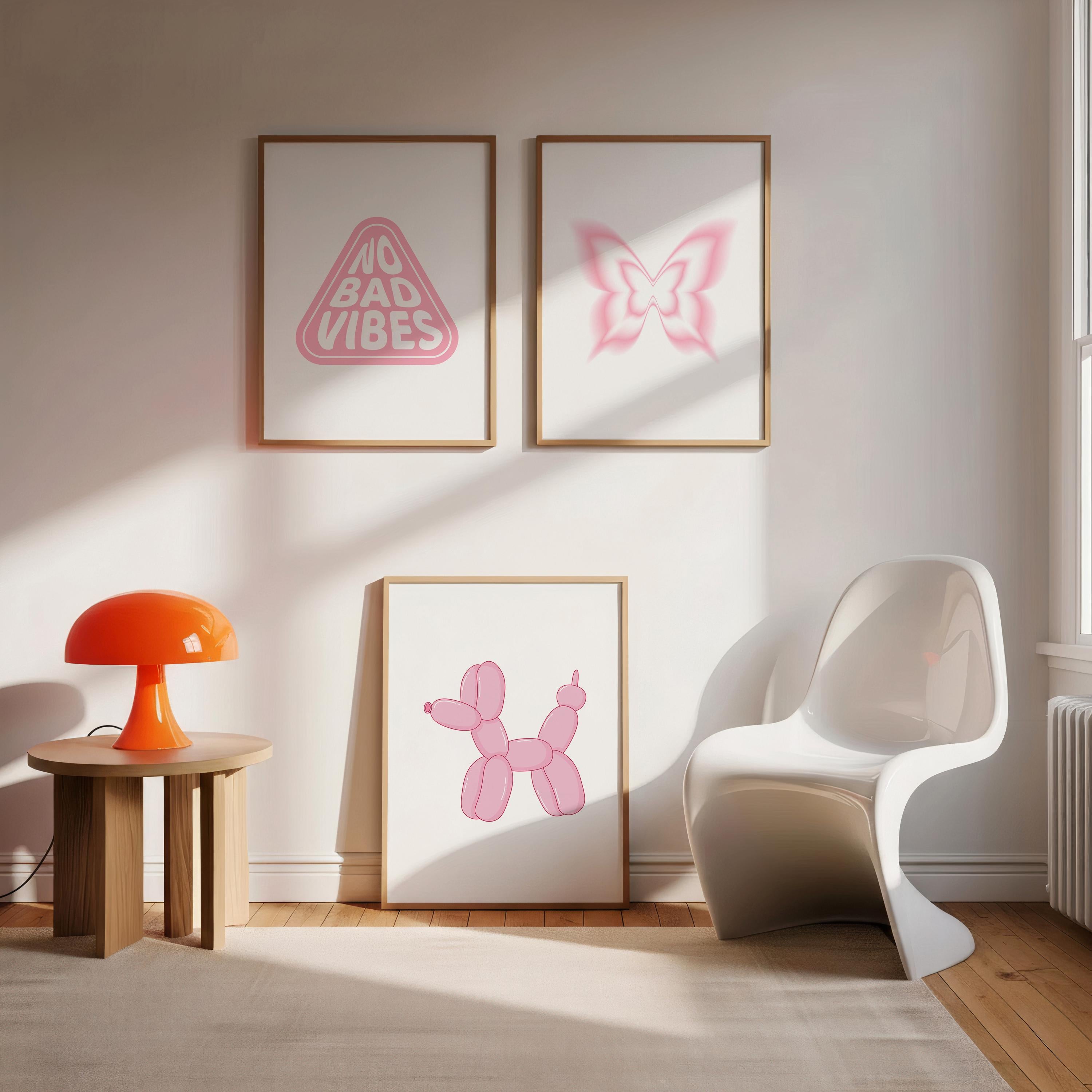 Pink Butterfly Y2K Print, Pink Balloon Dog Print, No Bad Vibes Print - Set of 3 | Trendy Girly Room Decor [Digital Download]
