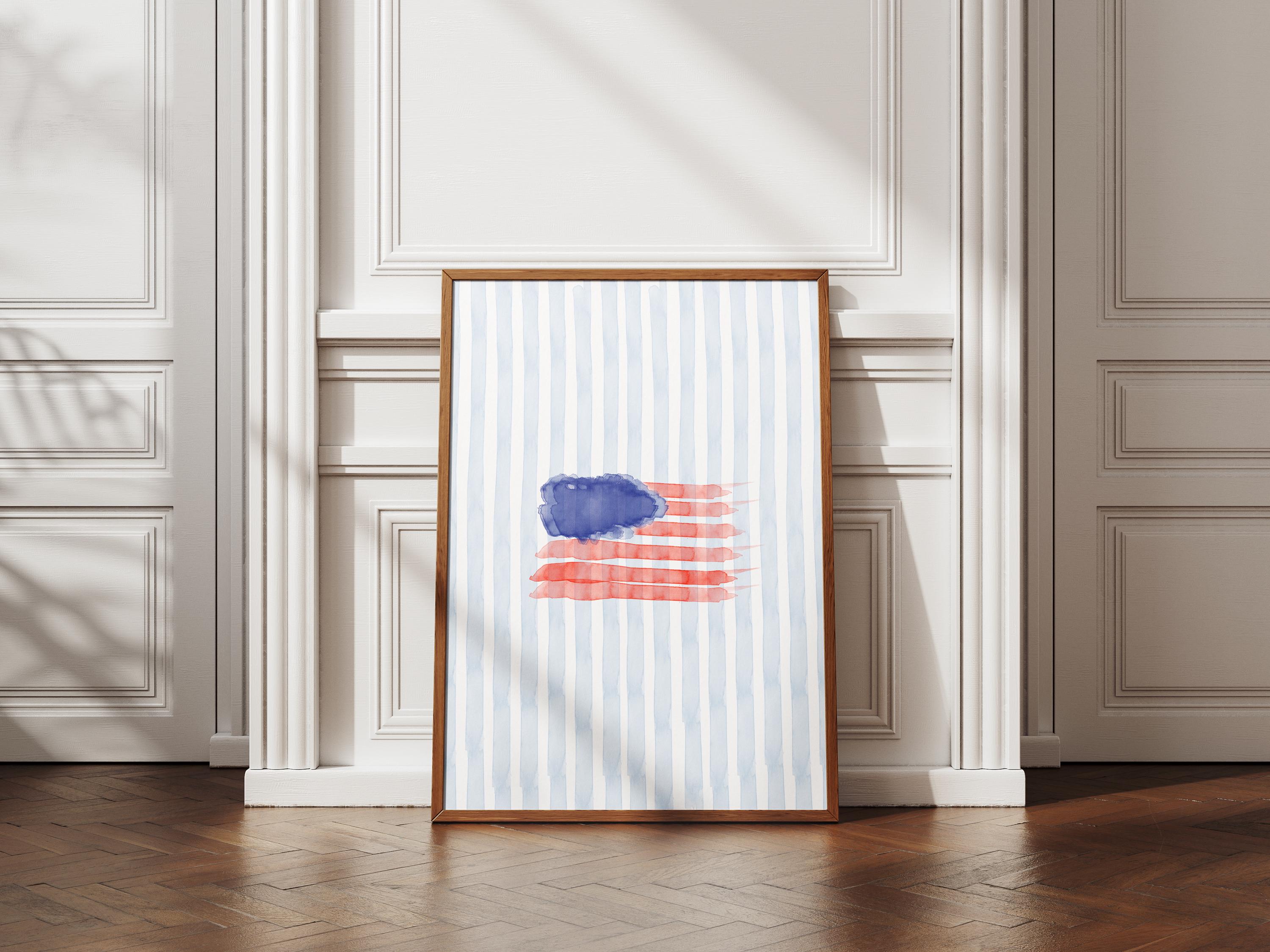 Watercolor American Flag Wall Art – Blue Striped USA Decor for 4th of July, Summer Coastal Style, Patriotic Dorm or Home Print