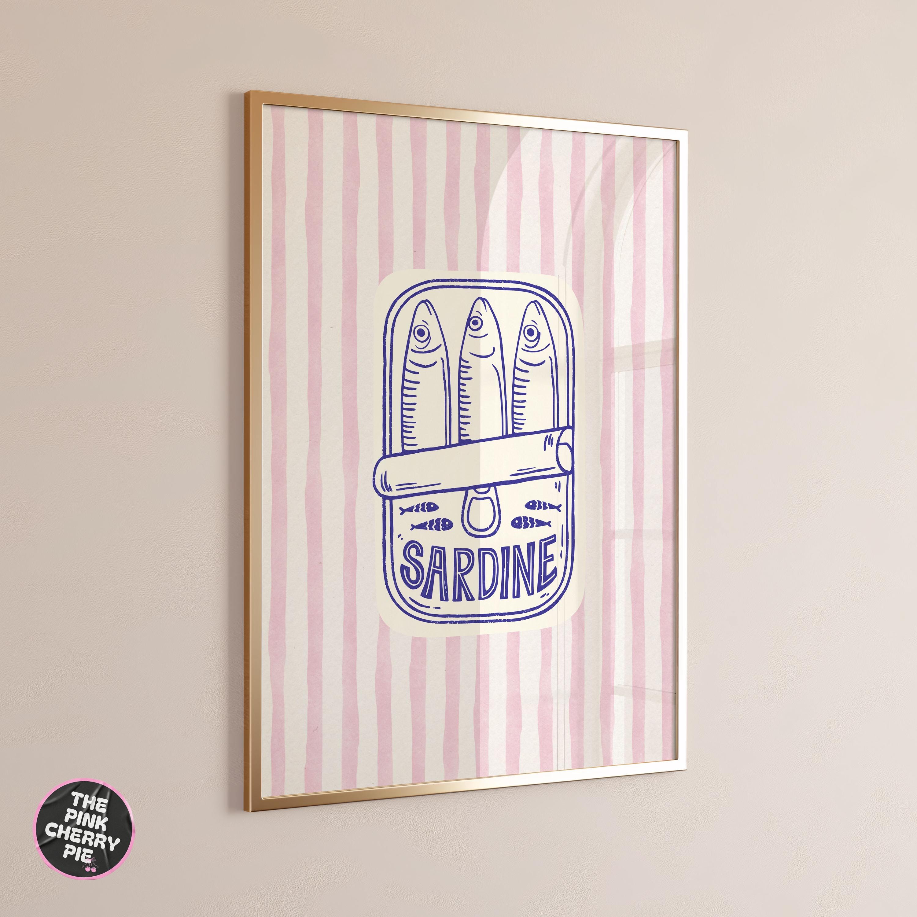 Sardine on Pink Stripes Print - Striped Fish Art, Sardines Wall Art, Vintage Seafood Poster [Digital File]