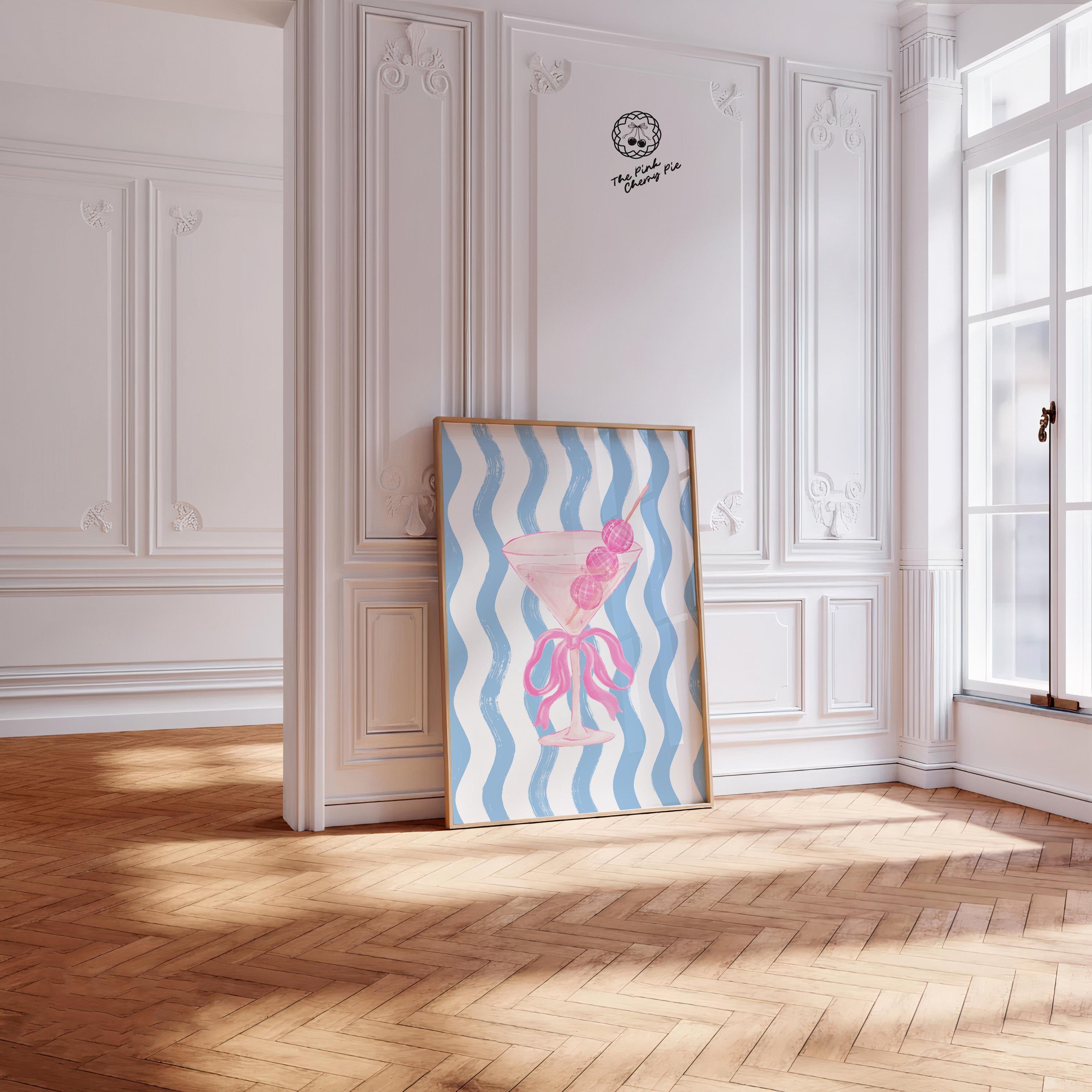 Pink Martini Wall Art with Bow, Disco Ball Poster, Blue Stripes, Fun Cocktail Poster, Bar Decor, Retro Cocktail Bar Decor [Digital Download]