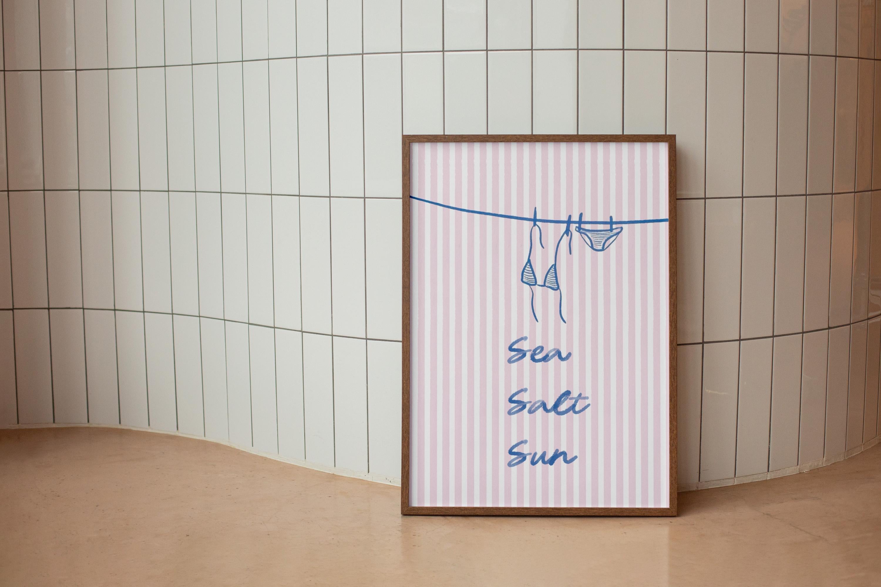 Pikini Sea Salt Sun Watercolor Beachy Wall Art – Minimal Coastal Typography Print | Summer Beach House Decor, Preppy Ocean Quote Poster