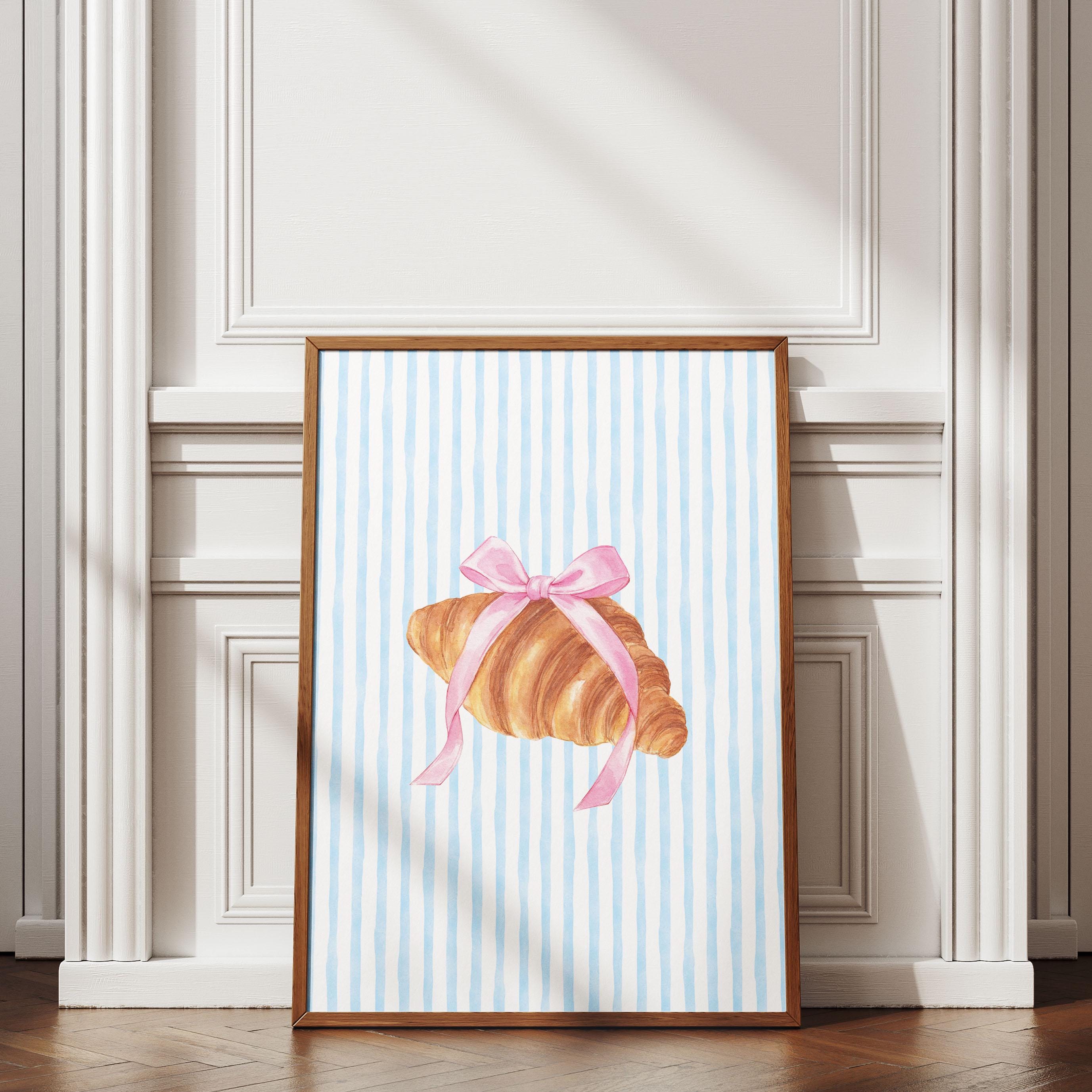 Croissant with Pink Bow Digital Print, Blue Stripes, French Coquette Room Decor, Soft Girl Aesthetic, Girly Printable Poster, Dorm Room