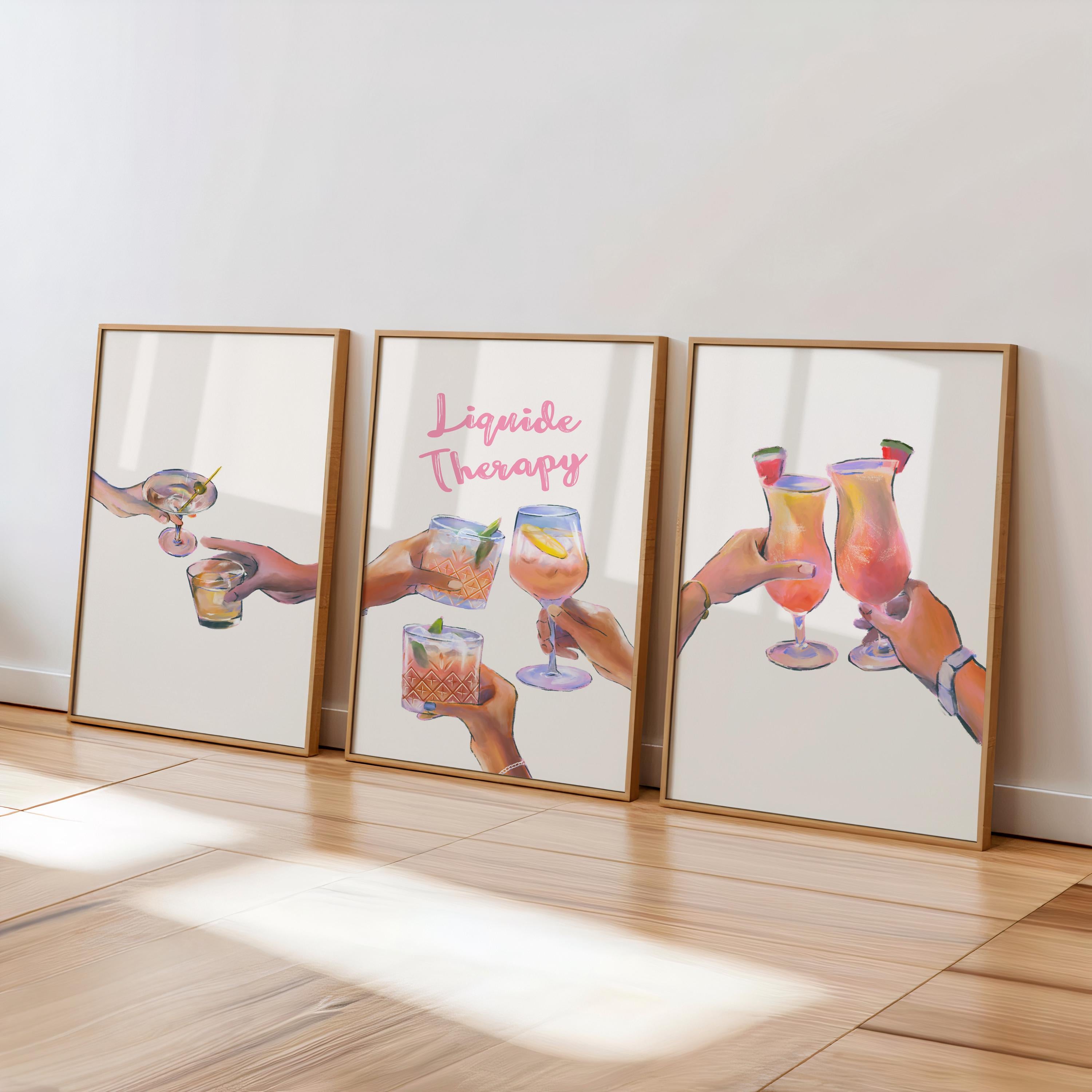 Cheers Pink & Purple Martini Wall Art Set of 3 – Girly Bar Cart or Dorm Decor | Coquette Cocktail Digital Prints | Fun Retro Drink Aesthetic