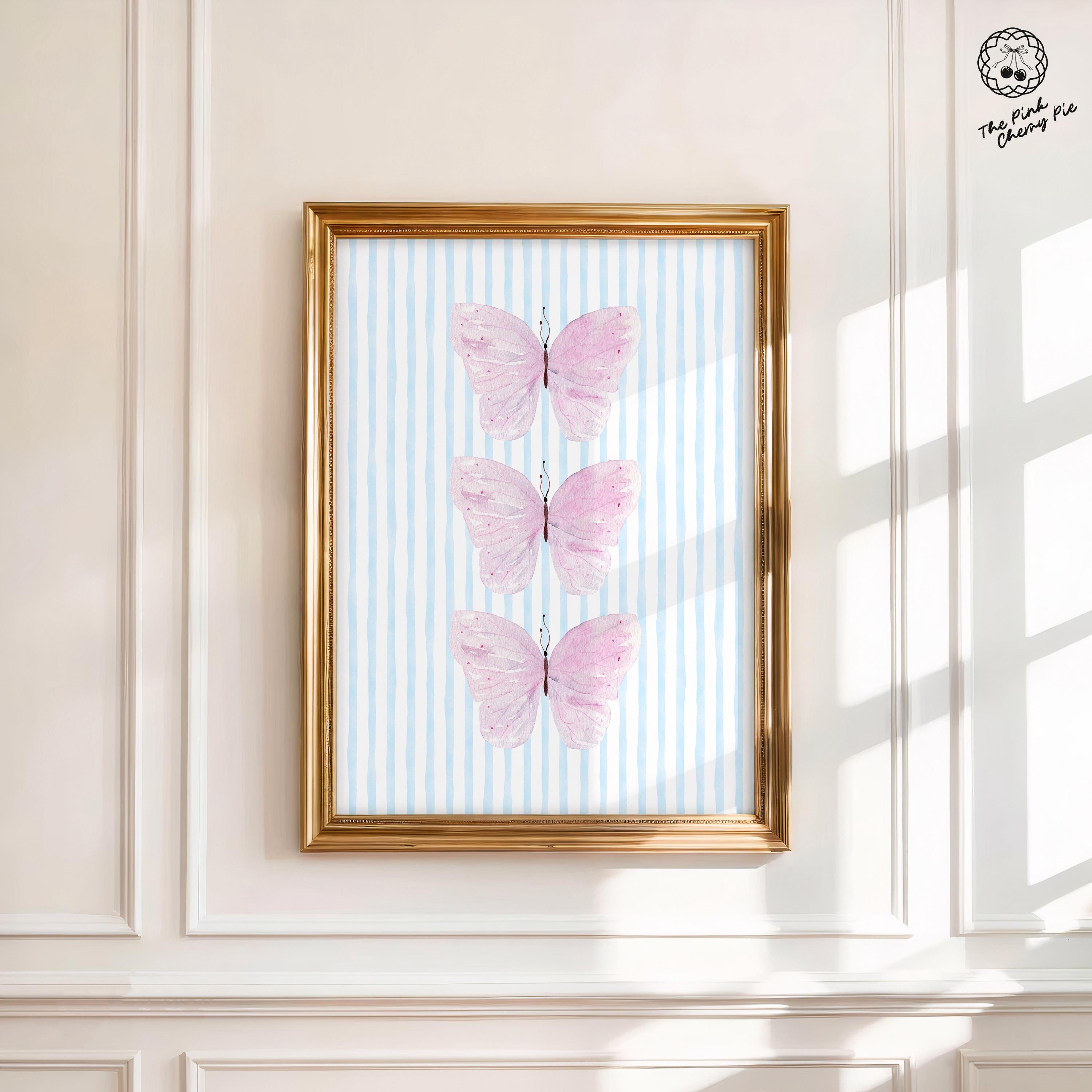 Pink Butterfly Watercolor Print in Blue Stripes - Preppy Dorm Wall Art, Aesthetic Insect Decor, Butterfly Dorm Decor [Digital Download]