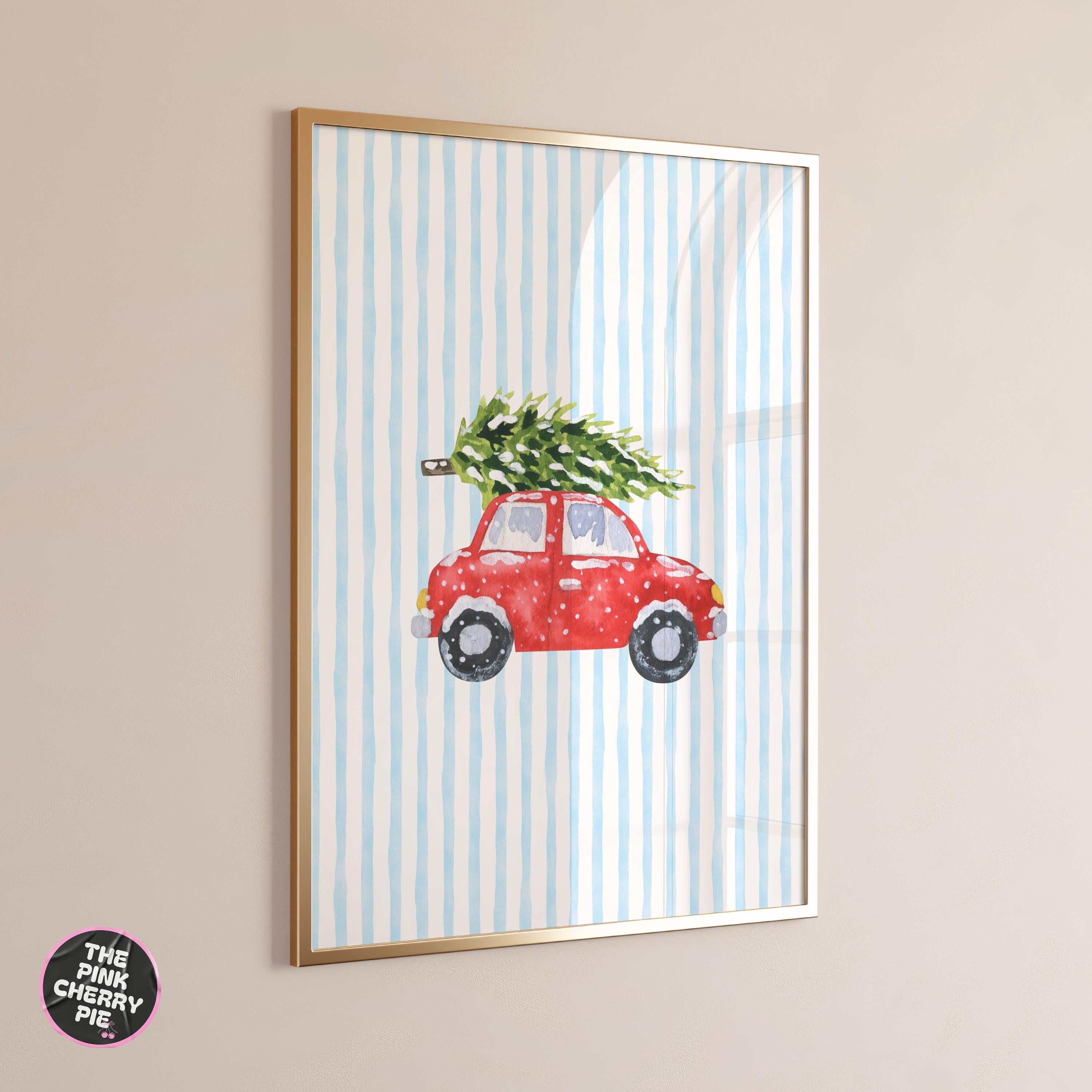 Red Car with Tree on Blue Stripes Wall Art | Driving Home for Christmas Poster | Cozy Holiday Print | Watercolor Christmas Decor [Digital]