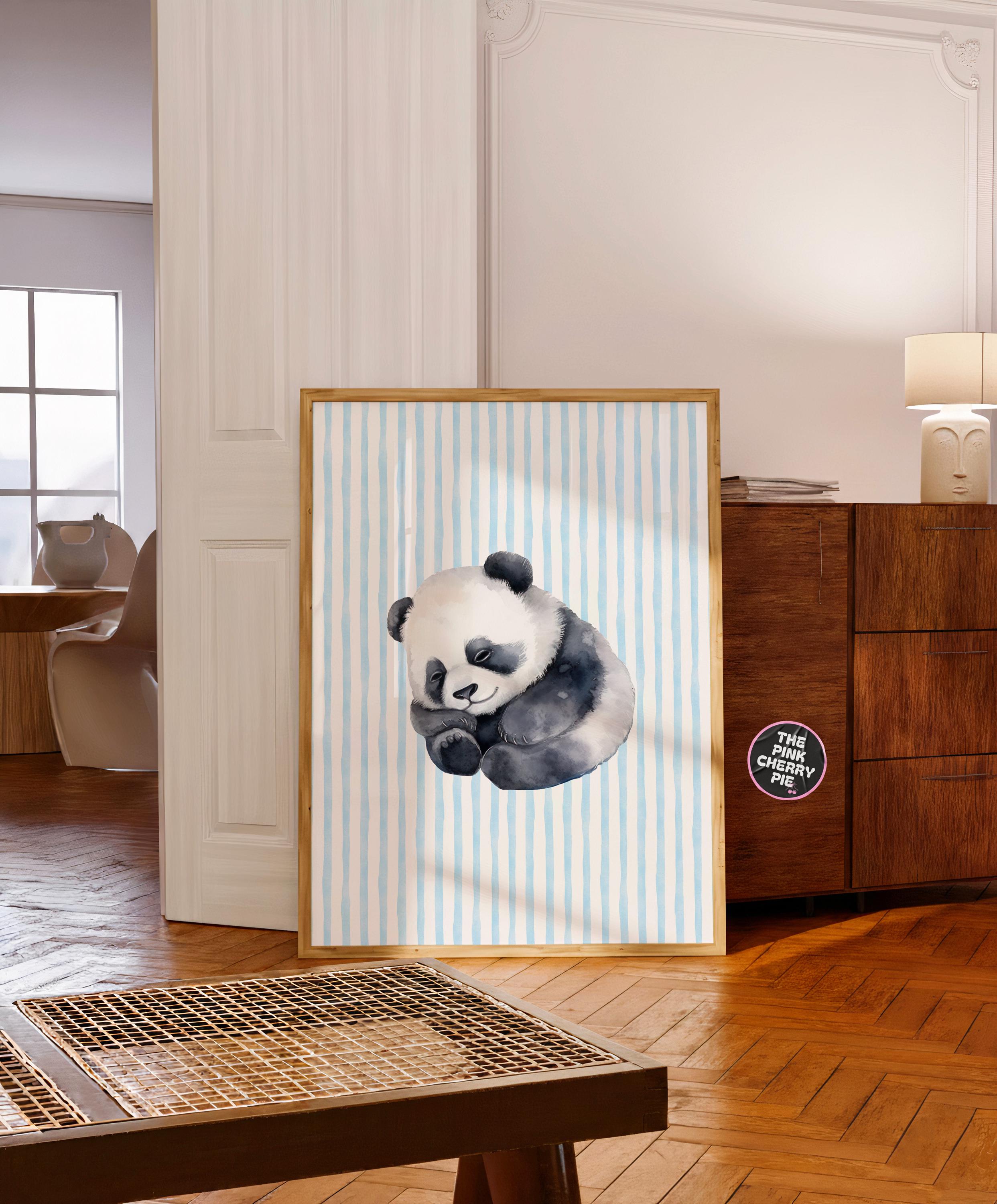 Panda on Blue Stripes Wall Art, Watercolor Art Print, Animal Nursery prints, Minimalist themed room [Digital File]