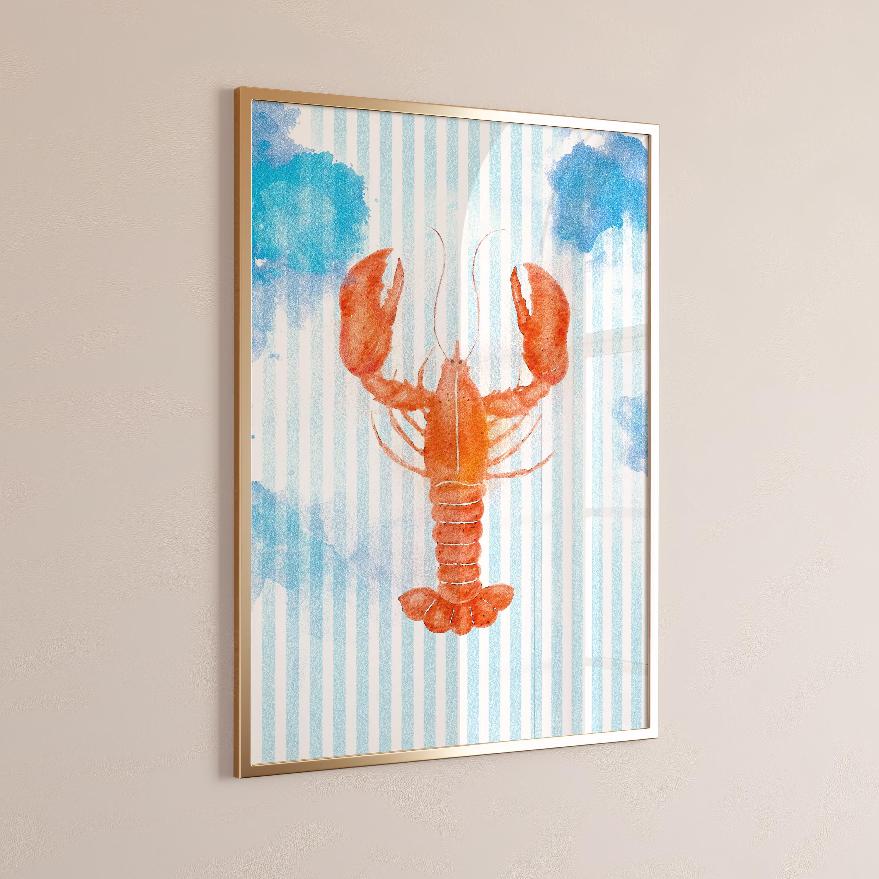 Preppy Lobster Watercolor Painting Print on Blue Stripes, Coastal Wall Art, Nautical Beach House Decor, Printable Seaside Art