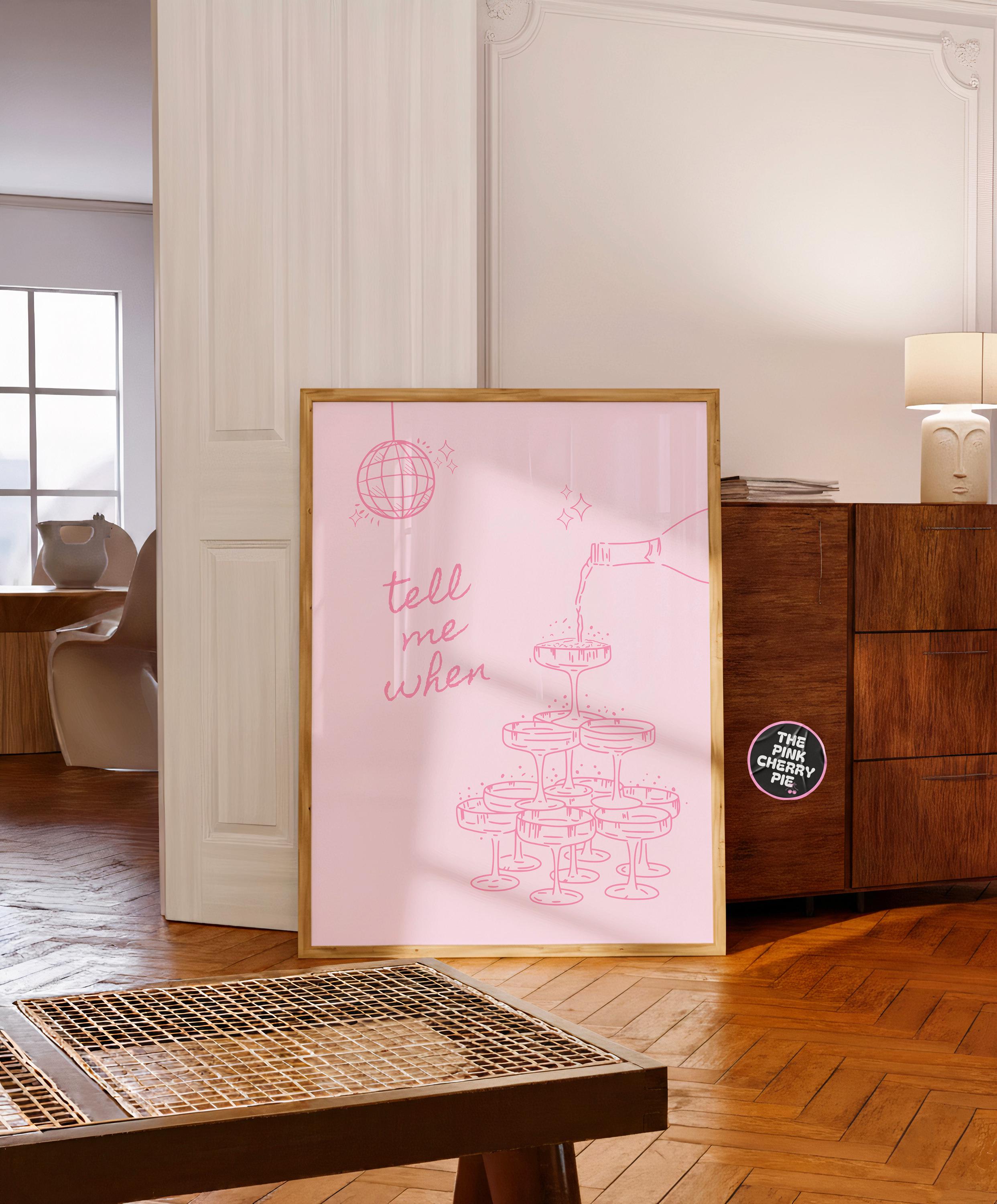 Tell Me When Retro Champagne Print - Pink Bar Cart Print, Trendy Kitchen Wall Art, Bar Cart Wall Art, Printable Kitchen Bar Print [Digital]