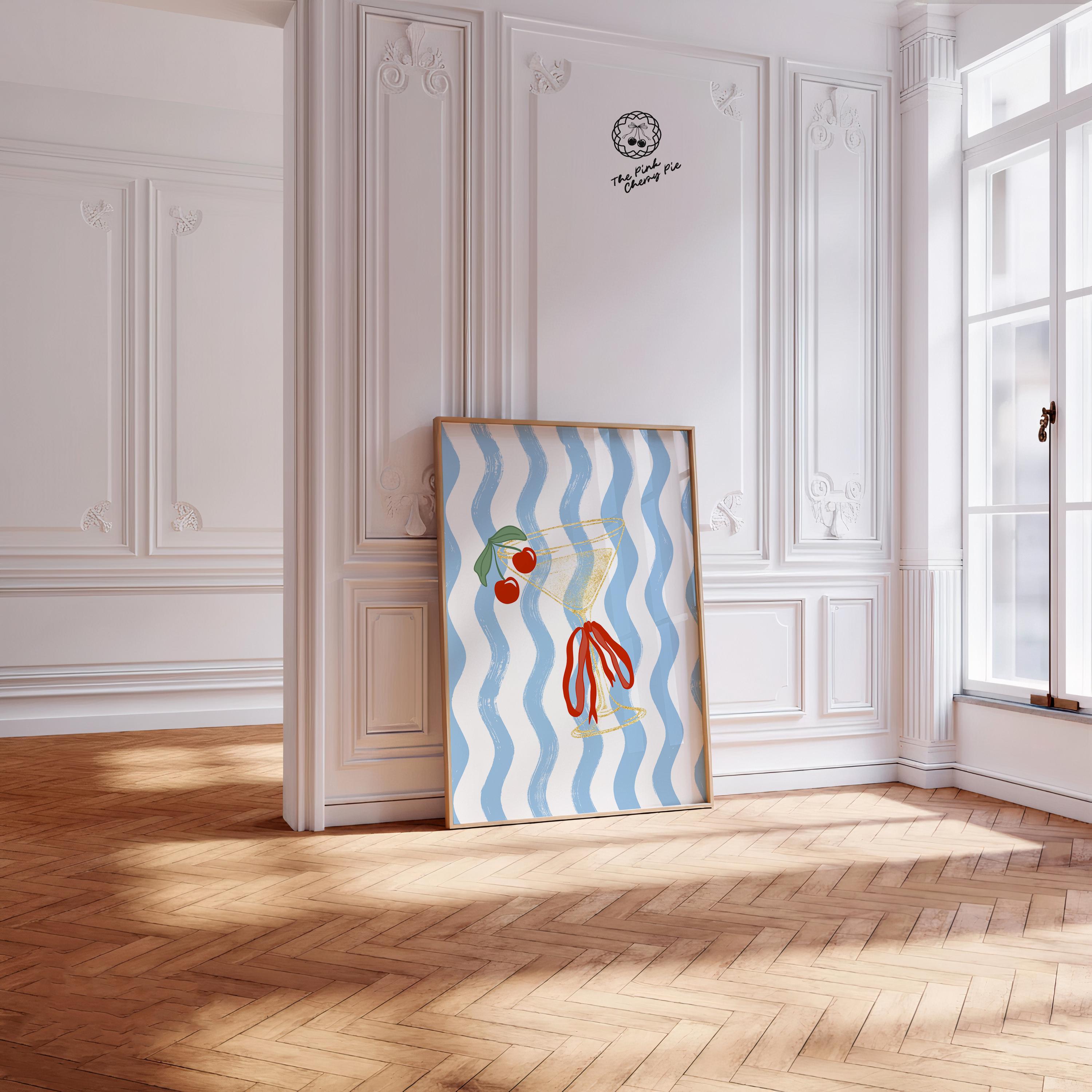 Cherry Martini with Bow Wall Art Stripes, Martini Print, Cocktail Poster, Bar Decor, Trendy, Modern Retro Vintage [Digital Download]