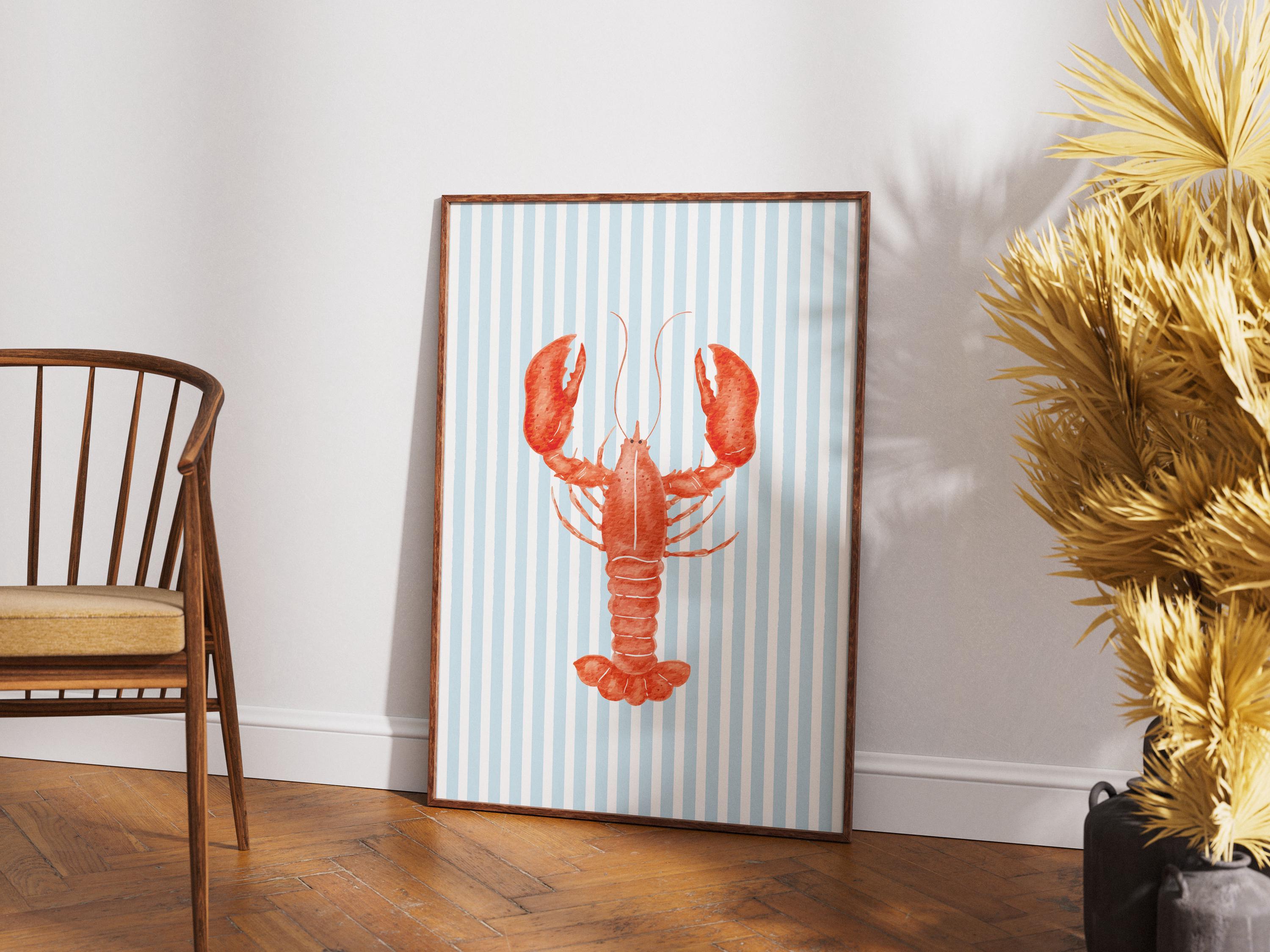 Preppy Lobster Print on Blue Stripes, Coastal Wall Art, Nautical Beach House Decor, Printable Seaside Art [Digital Download]