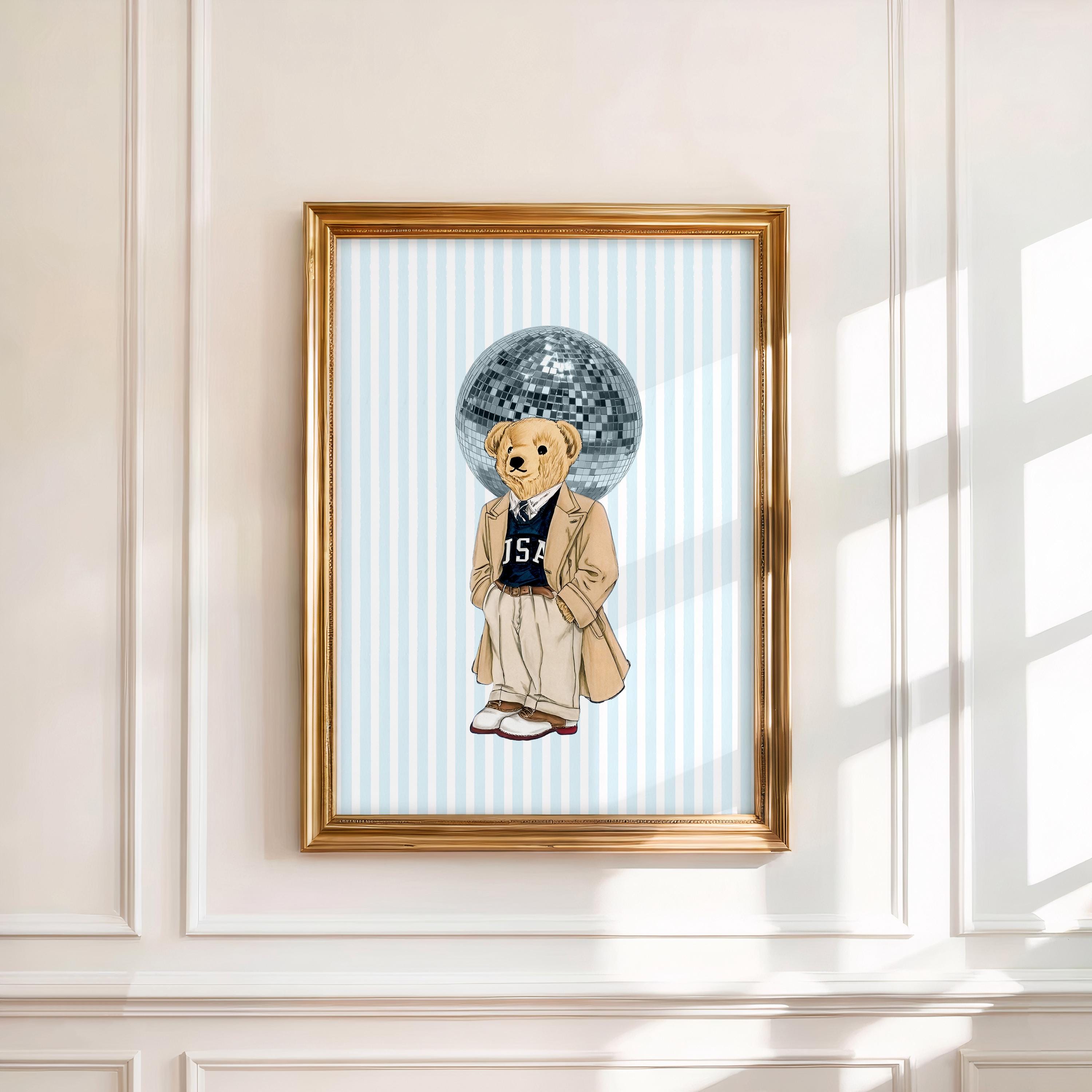 Preppy Disco Bear Wall Art – Coastal Preppy Bear Disco Ball Print, Nautical Beach Wall Art - [Digital File]