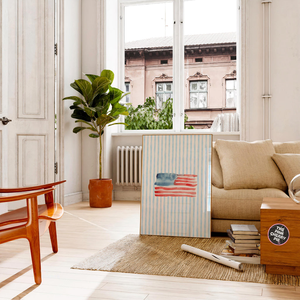 USA flag on Blue Striped American Flag Print - Coastal Preppy Wall Art, USA Decor for 4th of July, Summer, Dorm Room Style [Digital]