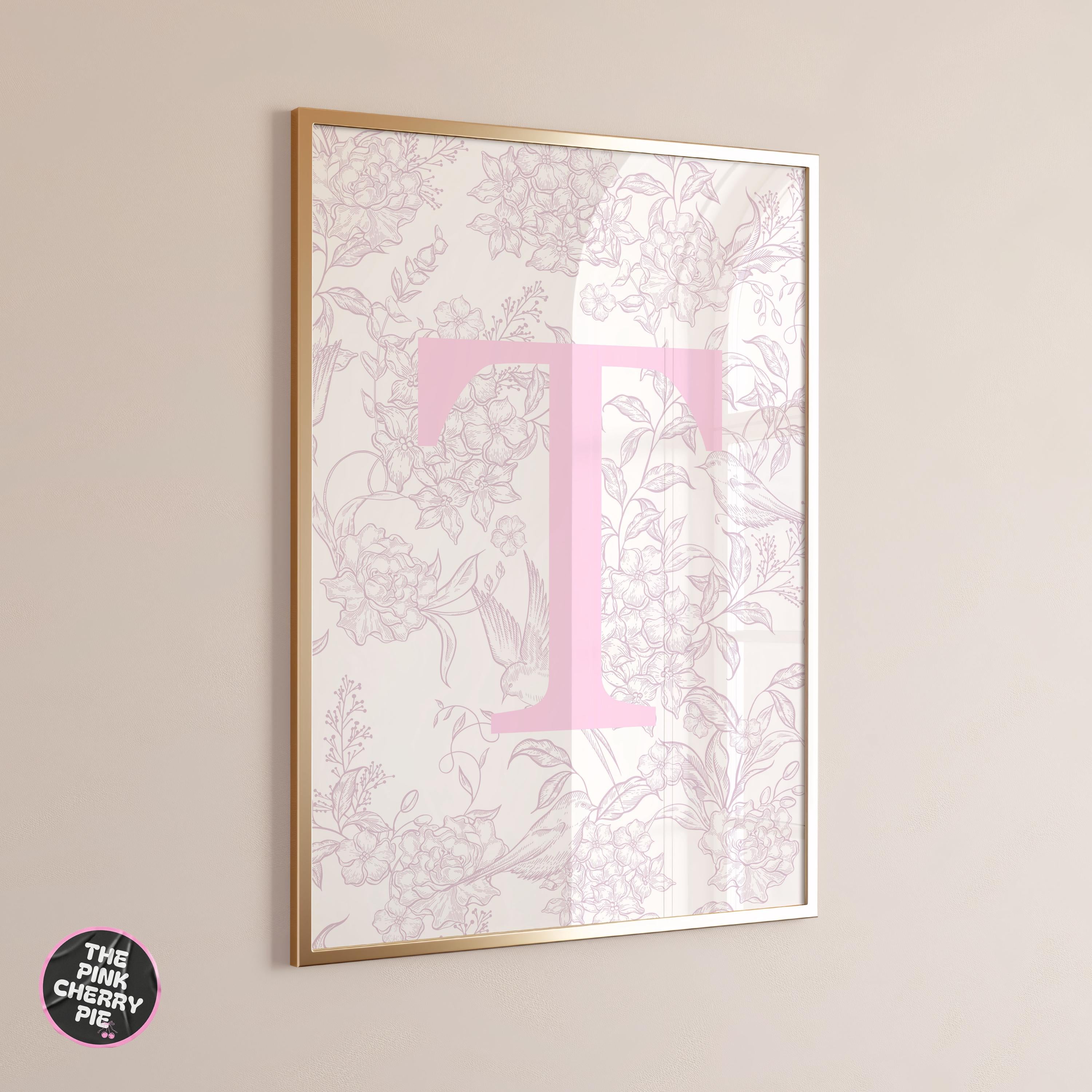 Custom Pink Floral Initial Print - Letter Wall Decor, Light Blue Dorm Art, Personalized Bedroom, Cute & Girly Name Letter Artwork [Digital]