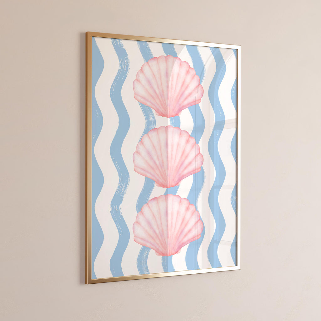 Pink and Blue Coastal Print - Pink Seashell & Blue Wavy Stripes. Cute Coastal Wall Art for Summer Dorm Decor, Aesthetic [Digital Download]